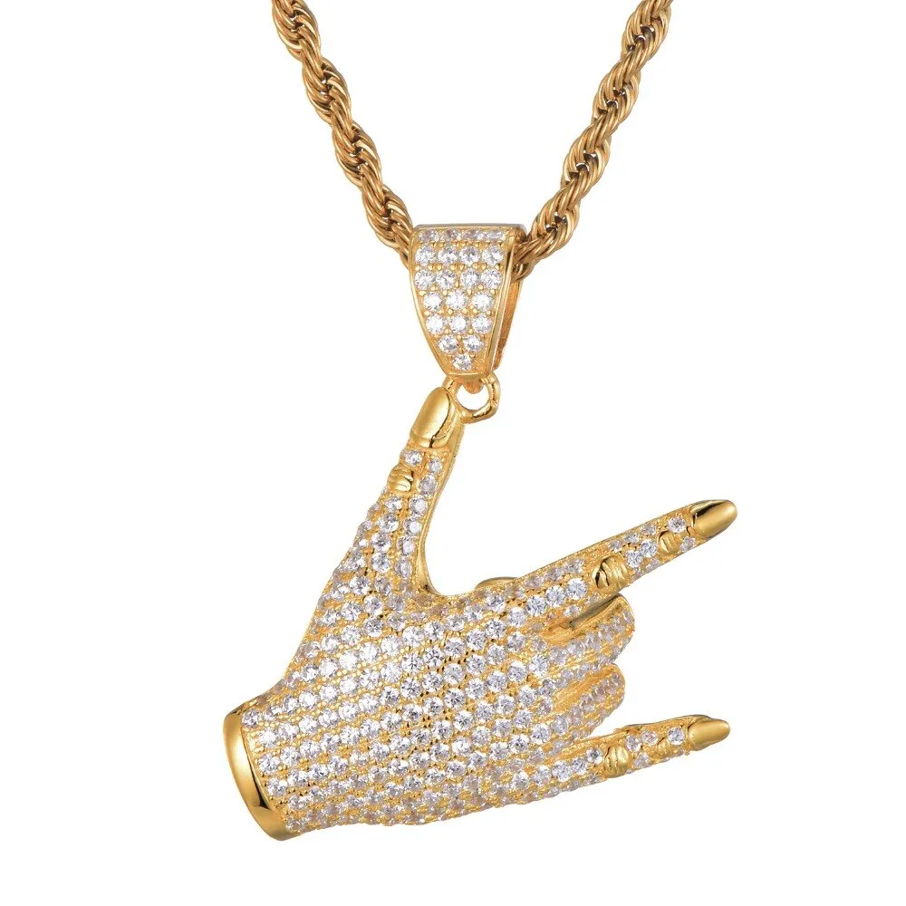 Cubic-Zirconia-Studded Rock Hand Gesture Bling Hip-hop Pendant Necklace