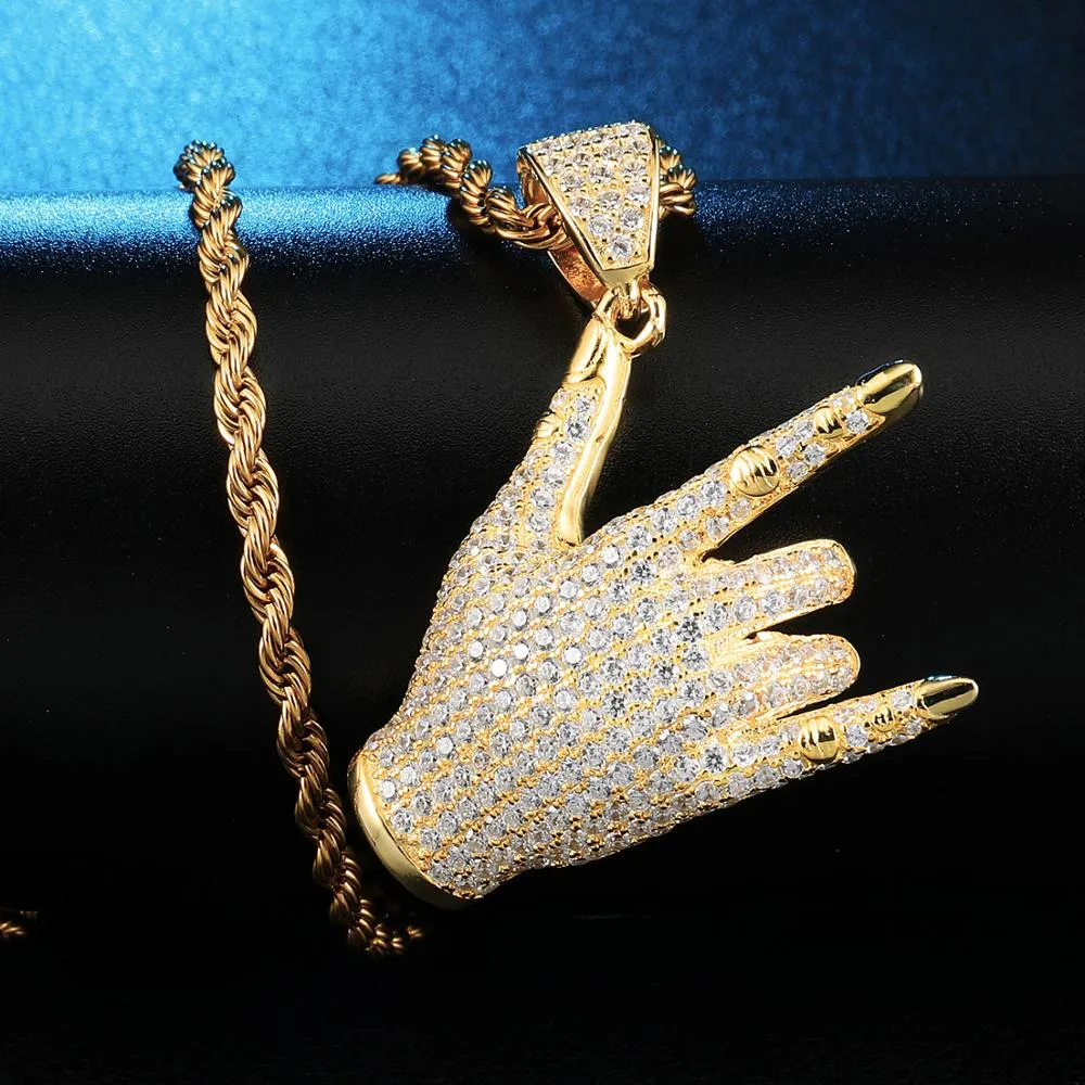 Cubic-Zirconia-Studded Rock Hand Gesture Bling Hip-hop Pendant Necklace