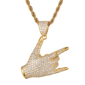 Cubic-Zirconia-Studded Rock Hand Gesture Bling Hip-hop Pendant Necklace