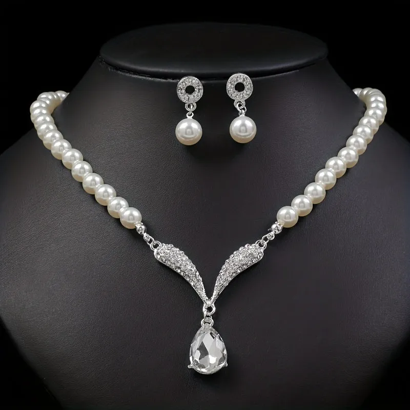 Elegant Faux Pearl Necklace and Earrings Set for Women - Perfect Bridal Dress Accessory in Golden and Silver Alloy