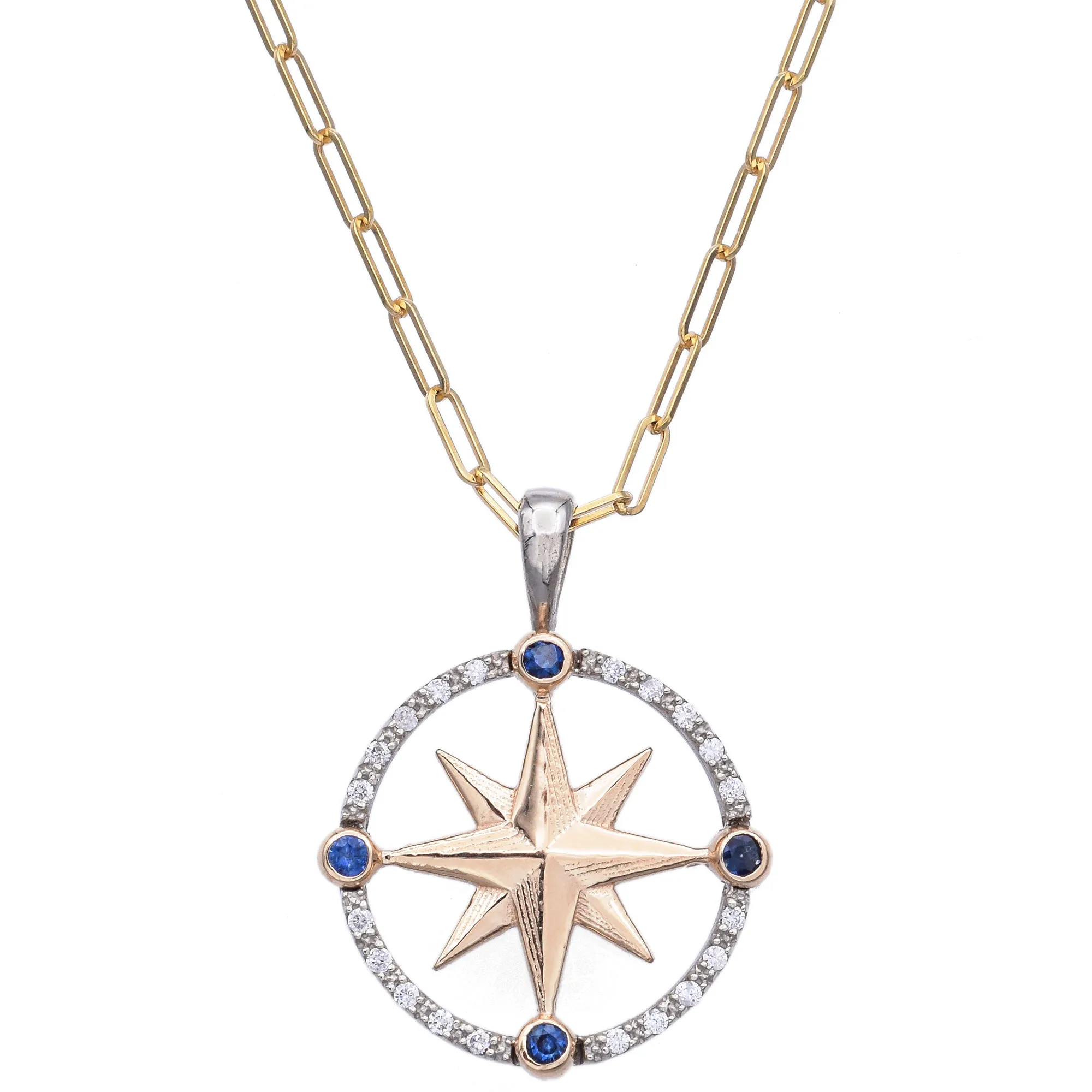 Estate 14K Yellow Gold Sapphire & Diamond Compass Pendant Necklace