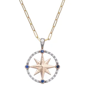 Estate 14K Yellow Gold Sapphire & Diamond Compass Pendant Necklace