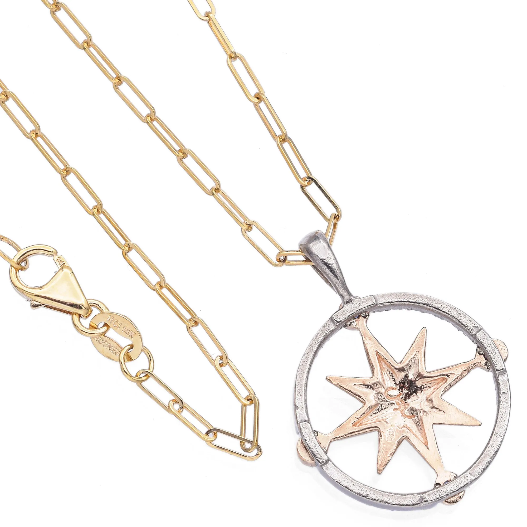 Estate 14K Yellow Gold Sapphire & Diamond Compass Pendant Necklace