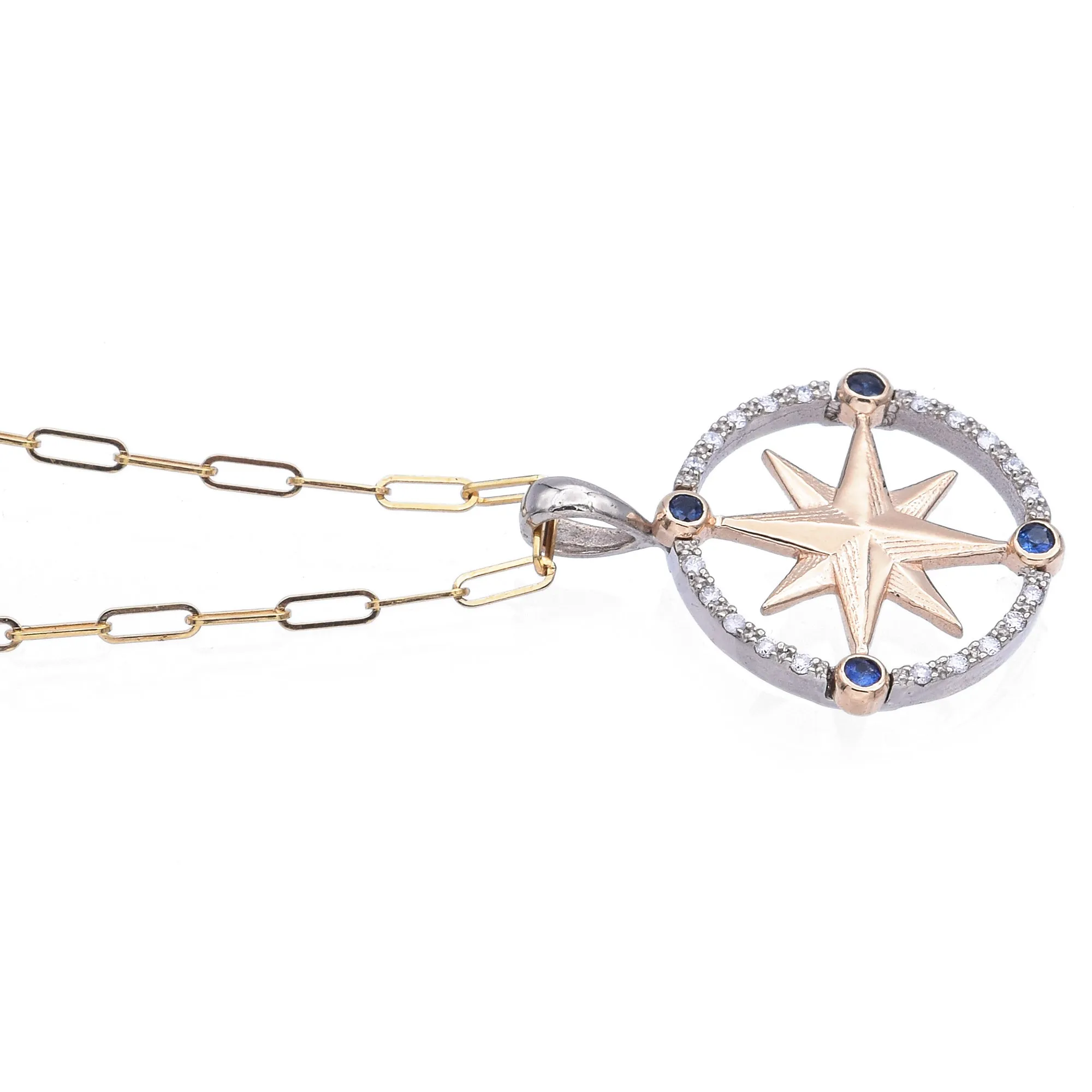 Estate 14K Yellow Gold Sapphire & Diamond Compass Pendant Necklace