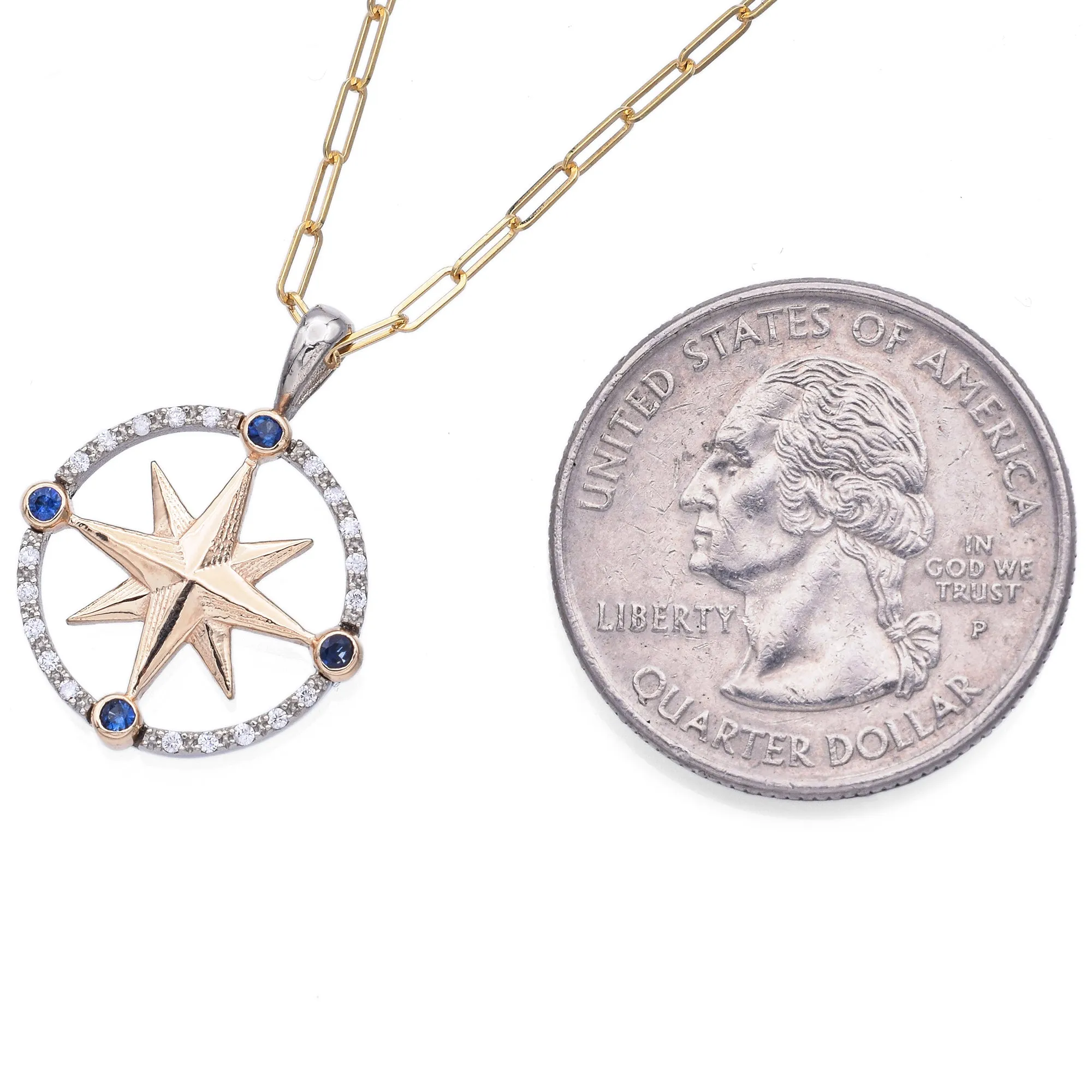 Estate 14K Yellow Gold Sapphire & Diamond Compass Pendant Necklace