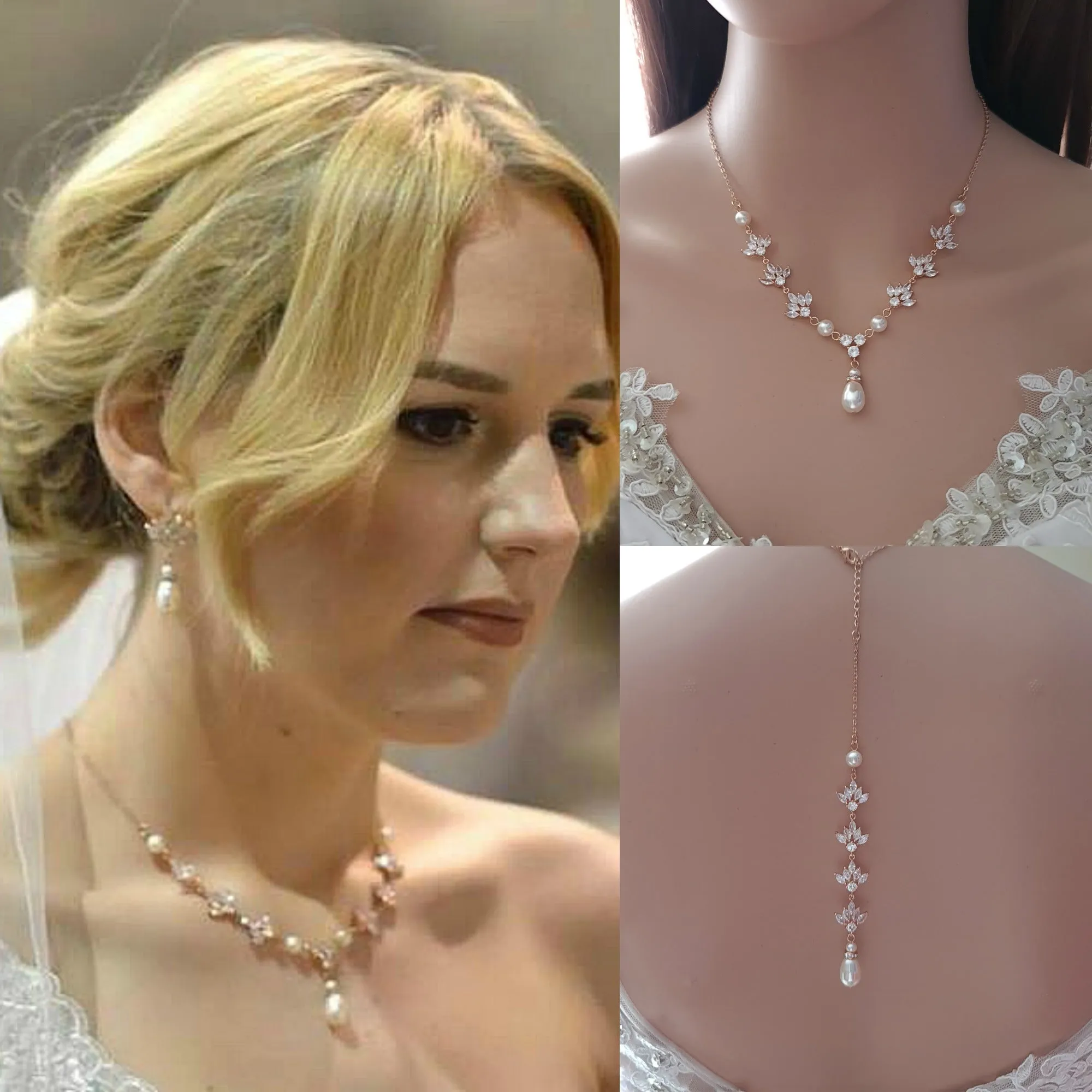 Gold Crystal Backdrop Necklace for Weddings-Rosa