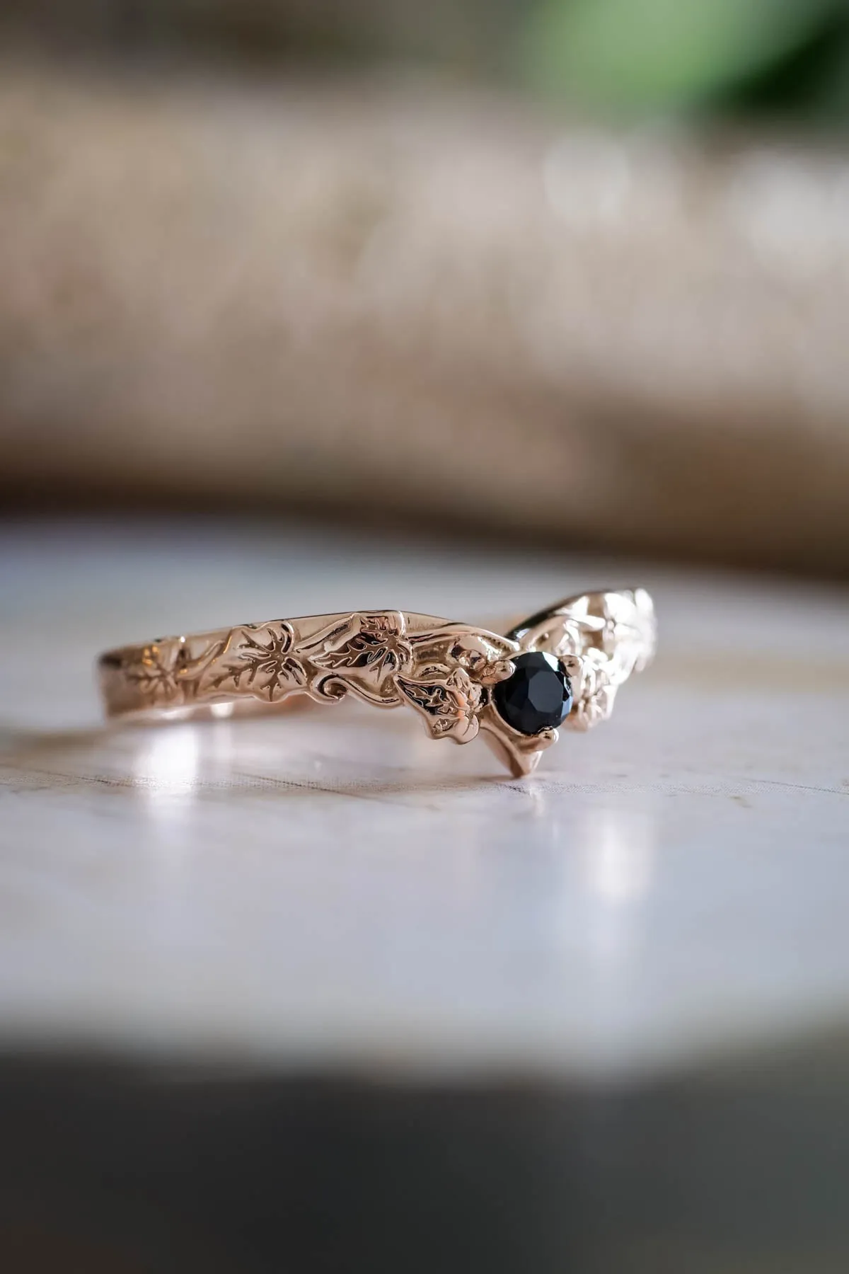 Gold leaf wedding band with black diamond, ivy leaves ring