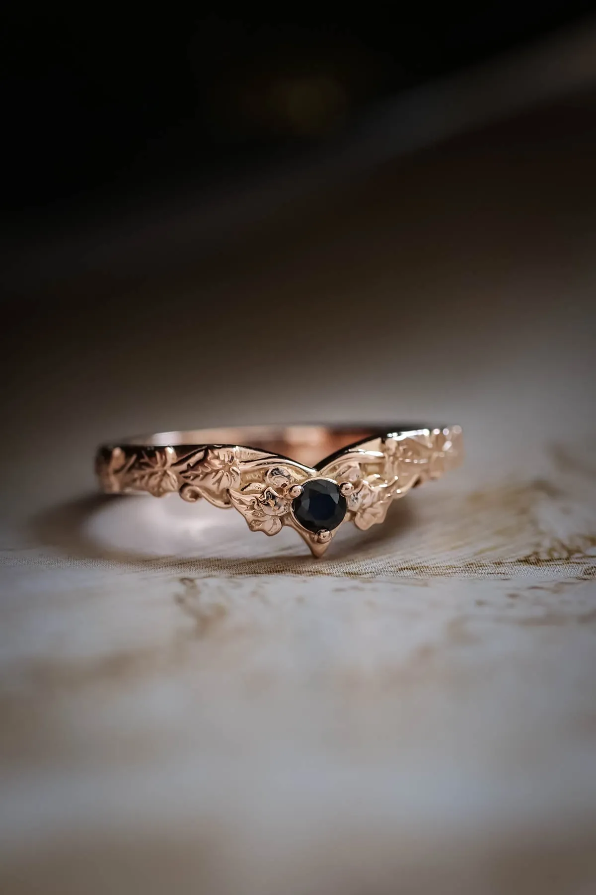 Gold leaf wedding band with black diamond, ivy leaves ring