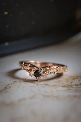 Gold leaf wedding band with black diamond, ivy leaves ring