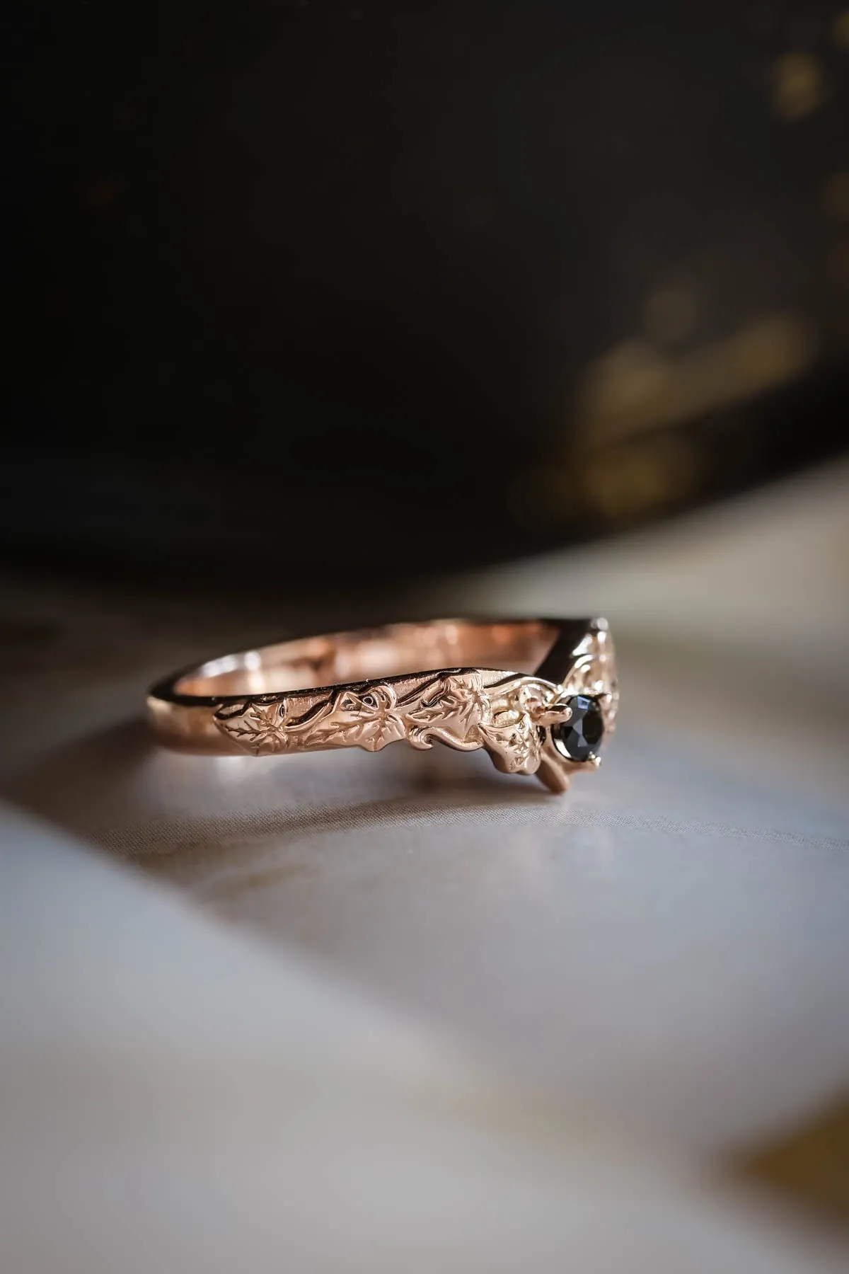 Gold leaf wedding band with black diamond, ivy leaves ring