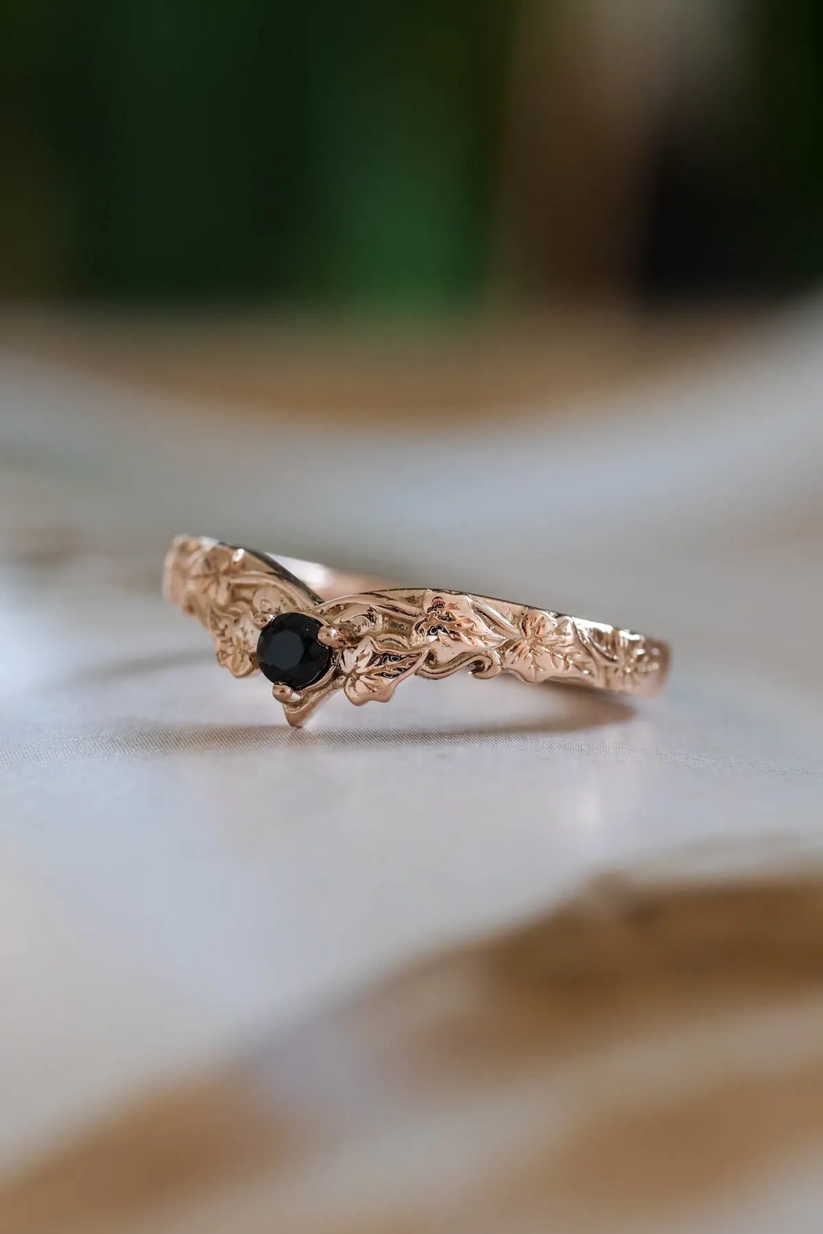 Gold leaf wedding band with black diamond, ivy leaves ring