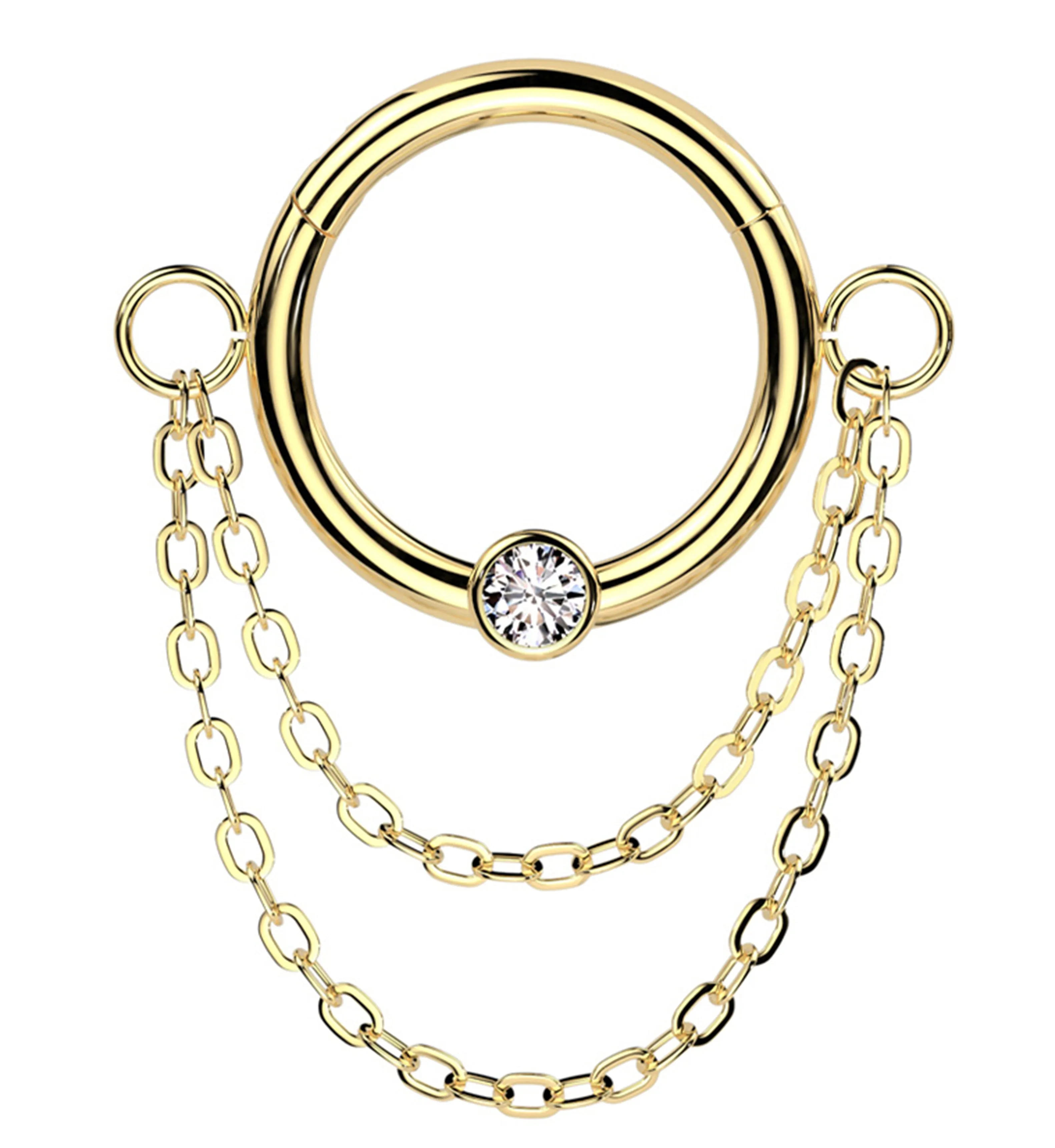 Gold PVD Double Dangle Chain Clear CZ Stainless Steel Hinged Segment Ring