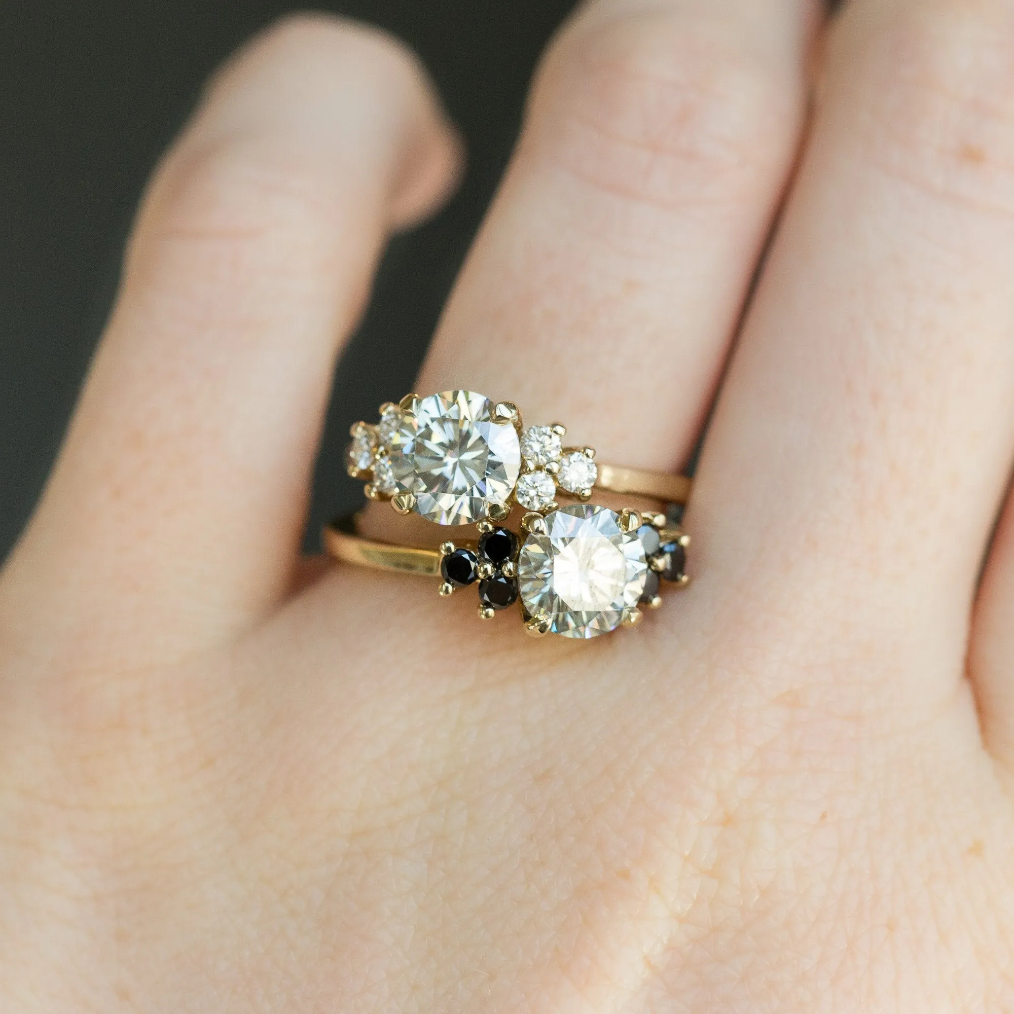 Grey Moissanite and Black Diamond Side Stone Cluster Ring