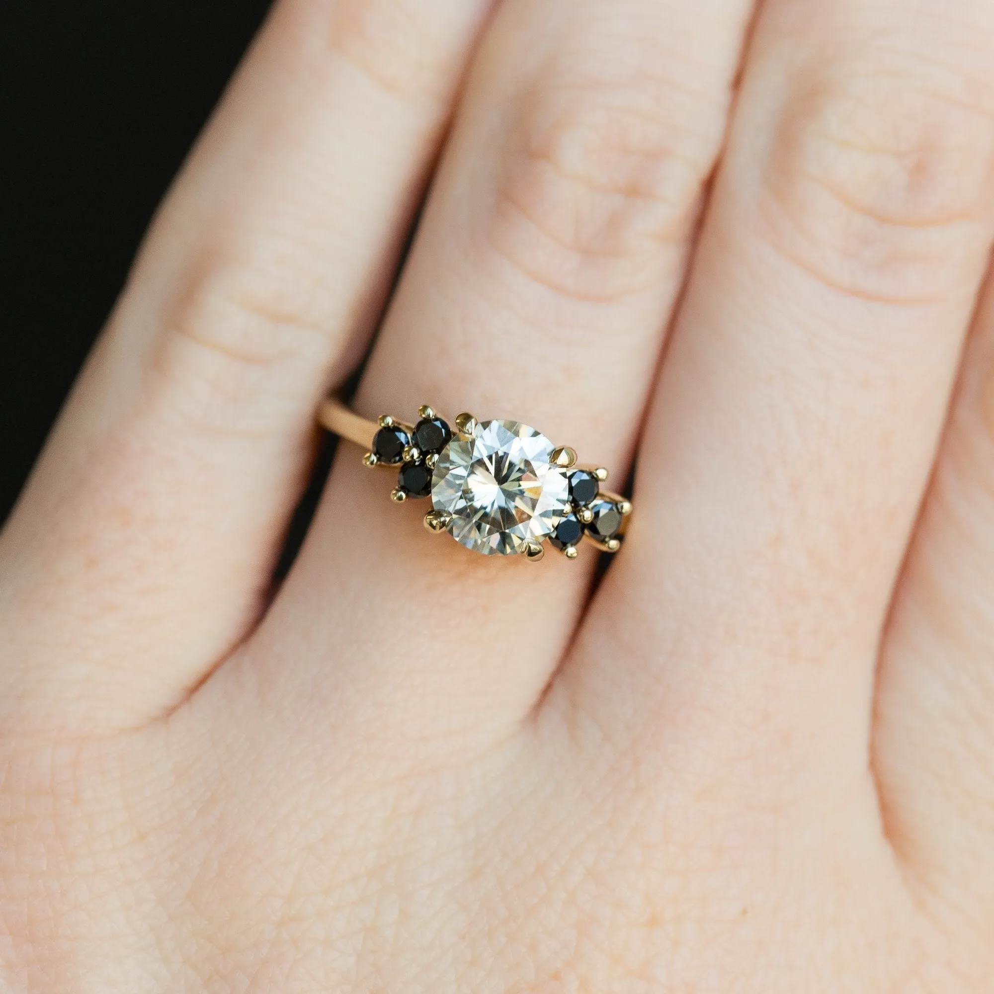 Grey Moissanite and Black Diamond Side Stone Cluster Ring