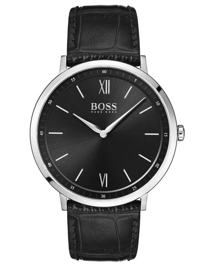 Hugo Boss Mens Essential Business Watch - Stainless Steel - Black Dial - Leather