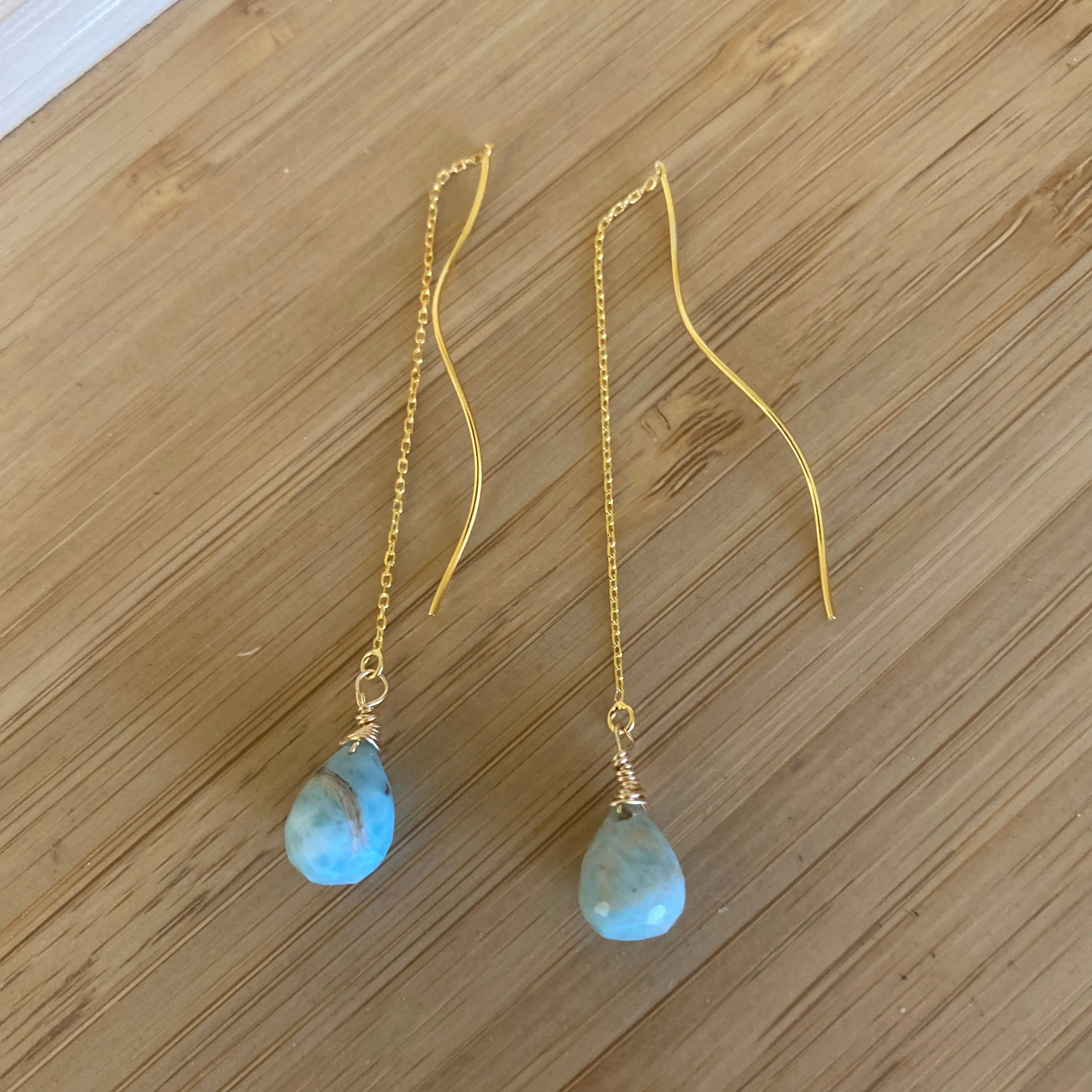 Larimar Briolettes Threader Earrings, Gold Vermeil Plated Silver Chain Earrings