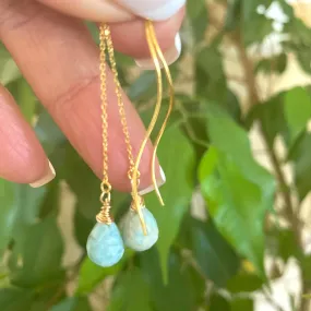 Larimar Briolettes Threader Earrings, Gold Vermeil Plated Silver Chain Earrings