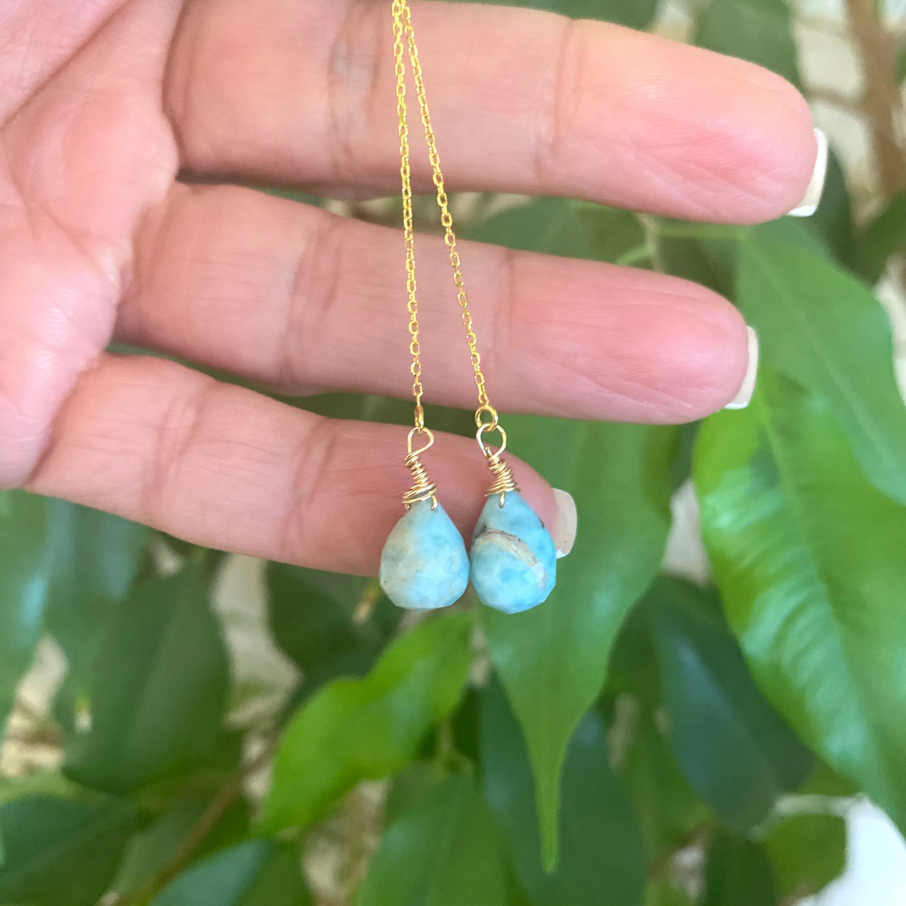 Larimar Briolettes Threader Earrings, Gold Vermeil Plated Silver Chain Earrings