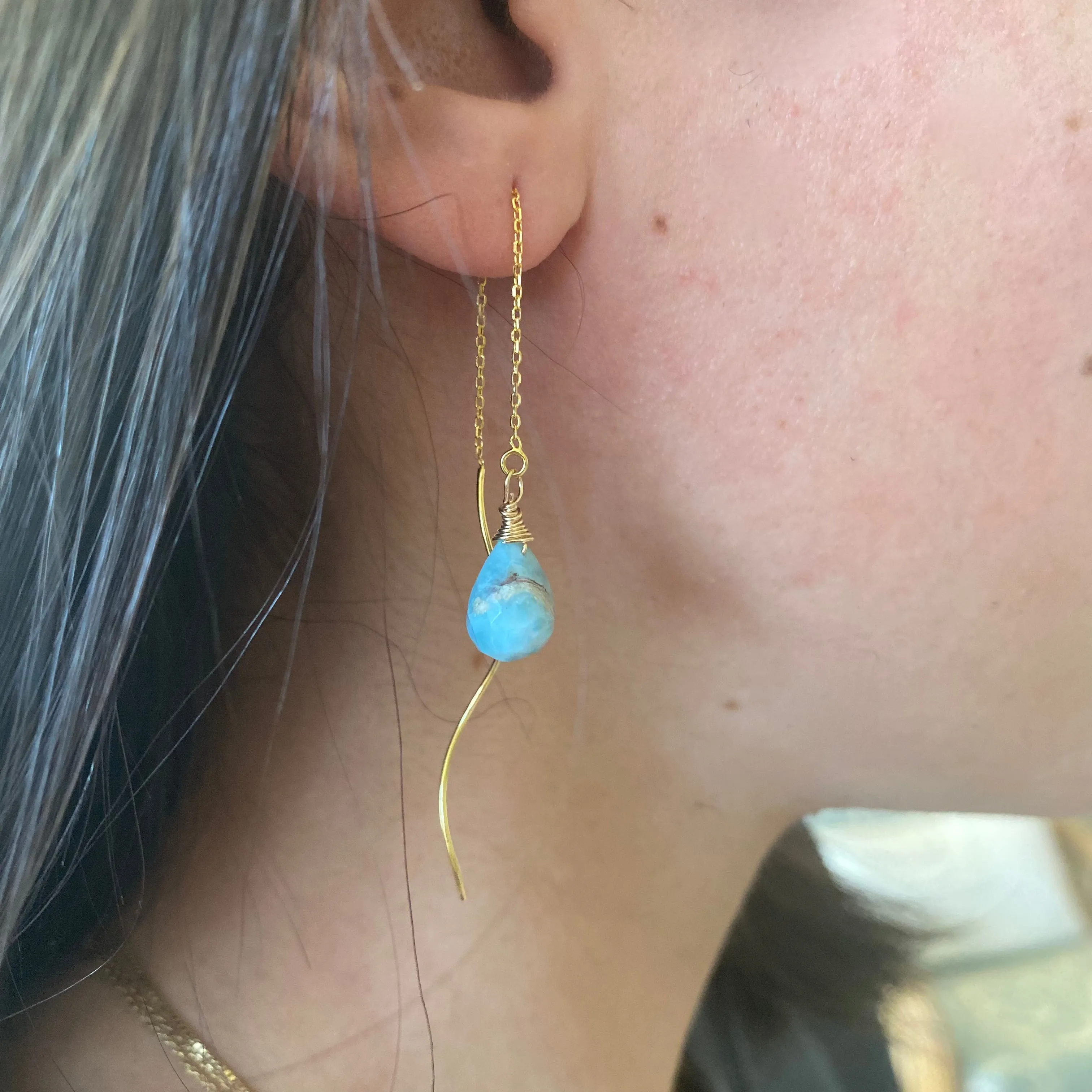 Larimar Briolettes Threader Earrings, Gold Vermeil Plated Silver Chain Earrings