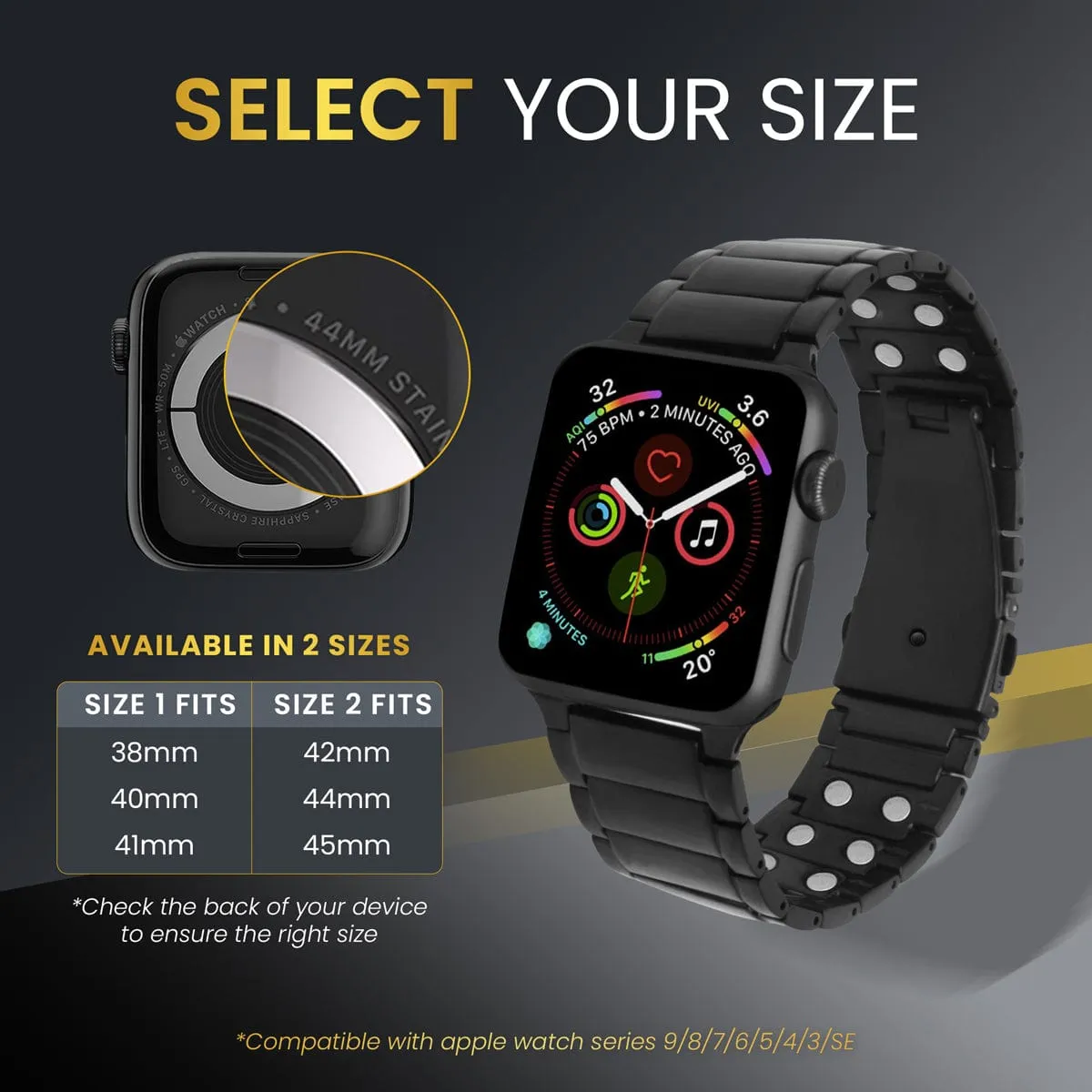 Magnetic Therapy Apple Watch Band Black Stainless Steel