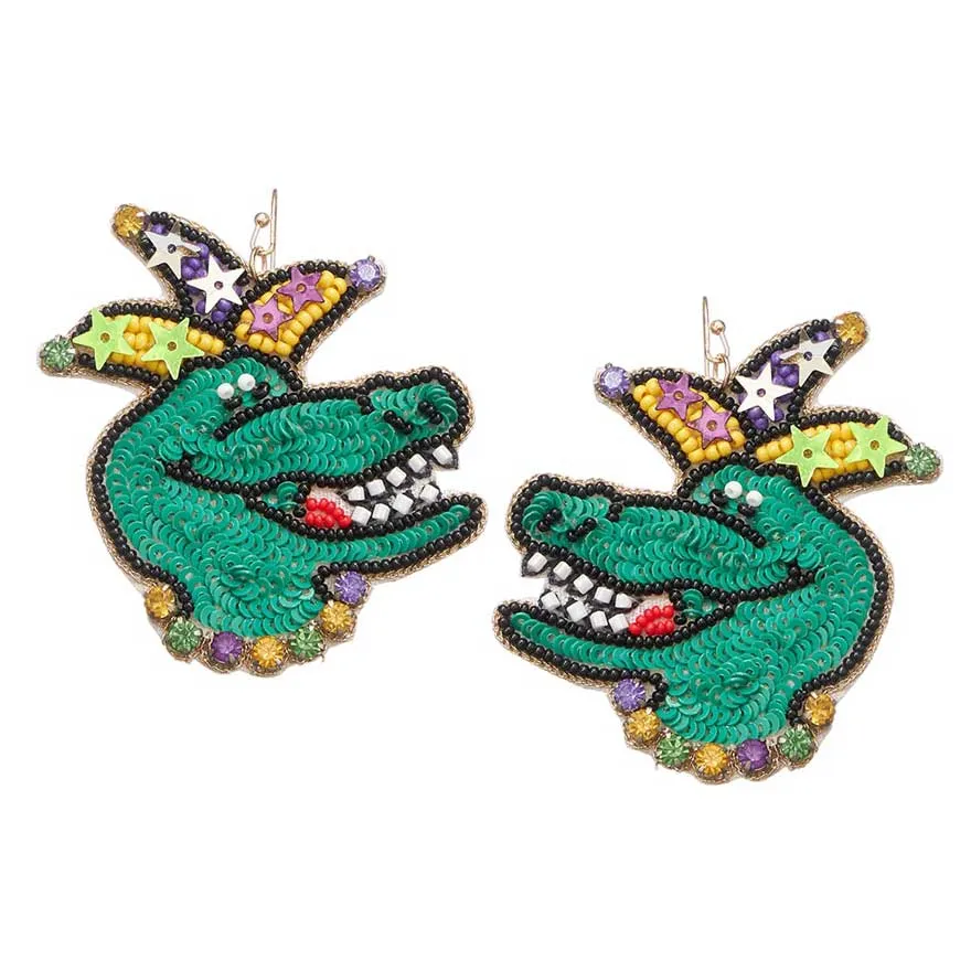 Mardi Gras Felt Back Beaded Alligator Dangle Earrings