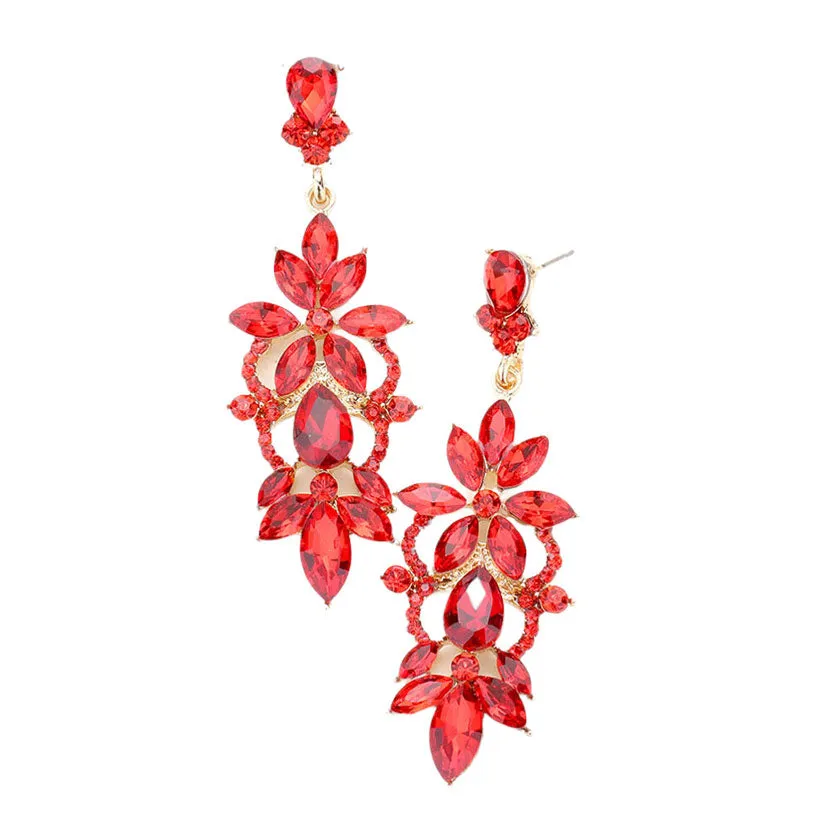 Marquise Stone Flower Accented Evening Earrings