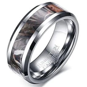 Men 8mm Tungsten Carbide Ring Silver Camouflage Hunting Camo Sport Fashion Wedding Engagement Band