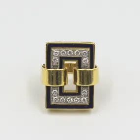 Modern 18K Gold Ring with Black Enamel and Diamonds