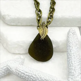 Olive Black Sea Glass Pendant with a Bronze Leaf Bail | #5046