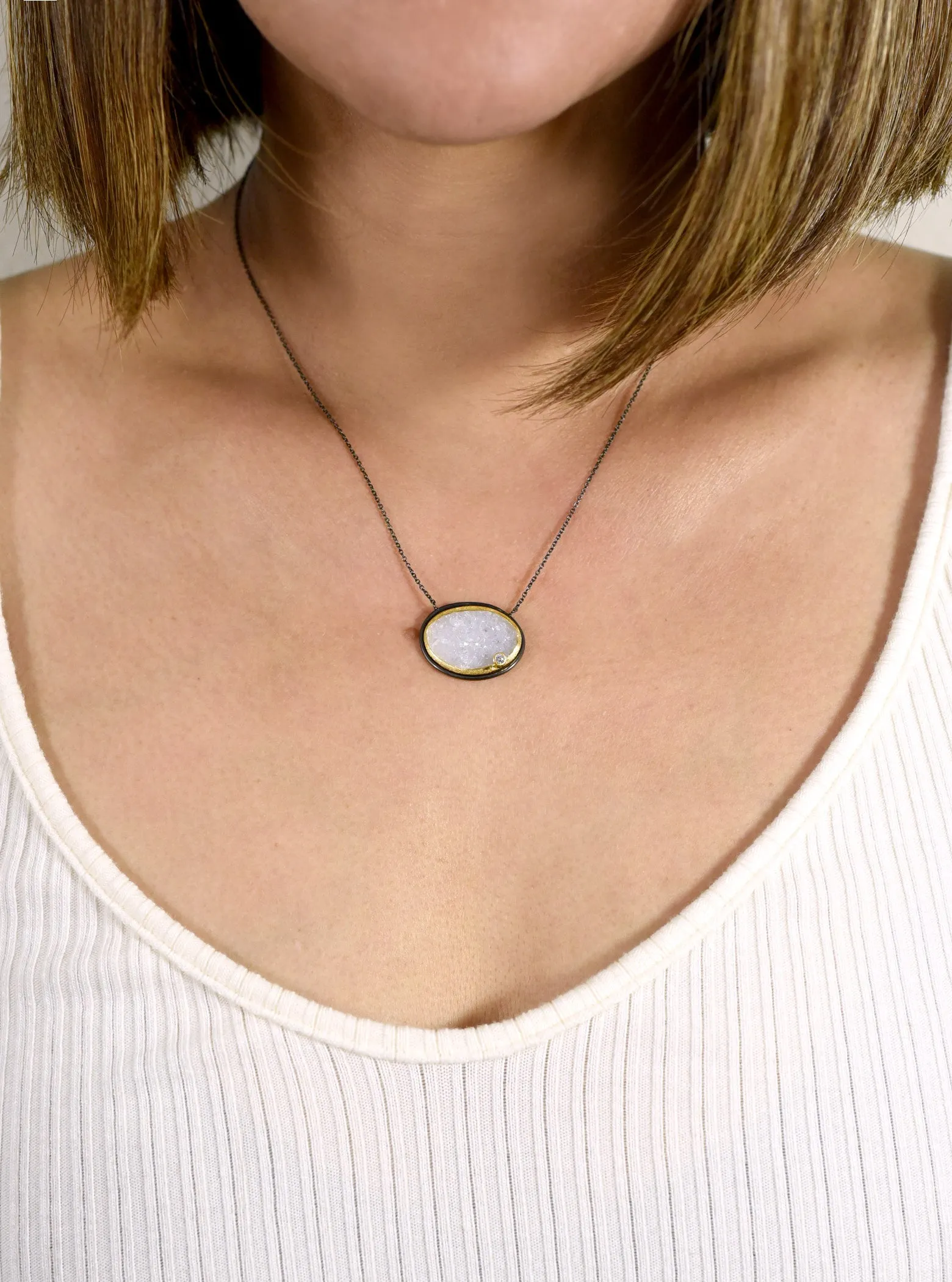 Oval  Druzy Necklace with CZ