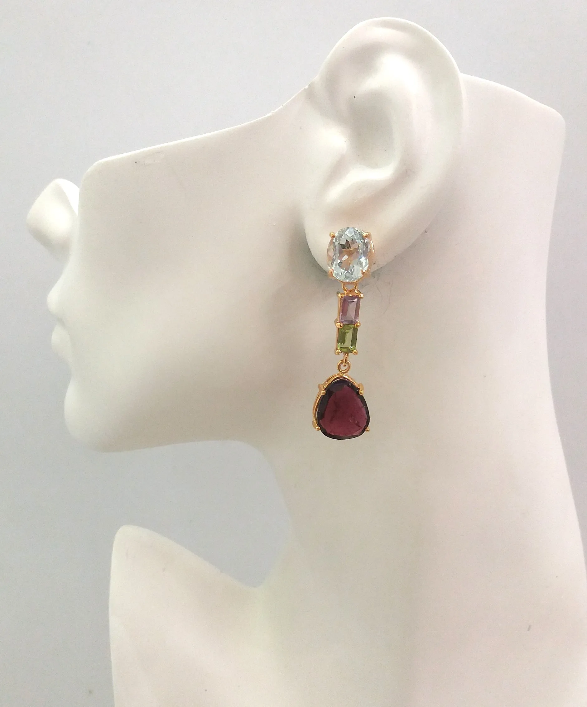 Oval Faceted Blue Topaz Studs with Amethyst, Peridot and Rose cut Rhodolite Garnet Twinset Earrings