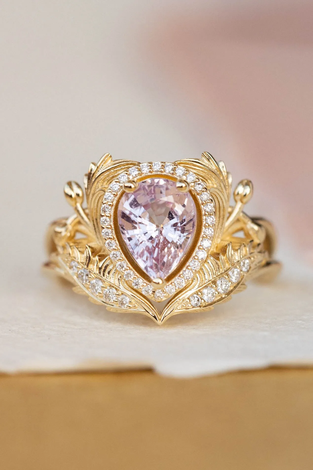 Pear pink sapphire engagement ring, gold nature inspired ring with diamond halo / Adonis halo