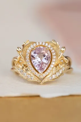 Pear pink sapphire engagement ring, gold nature inspired ring with diamond halo / Adonis halo