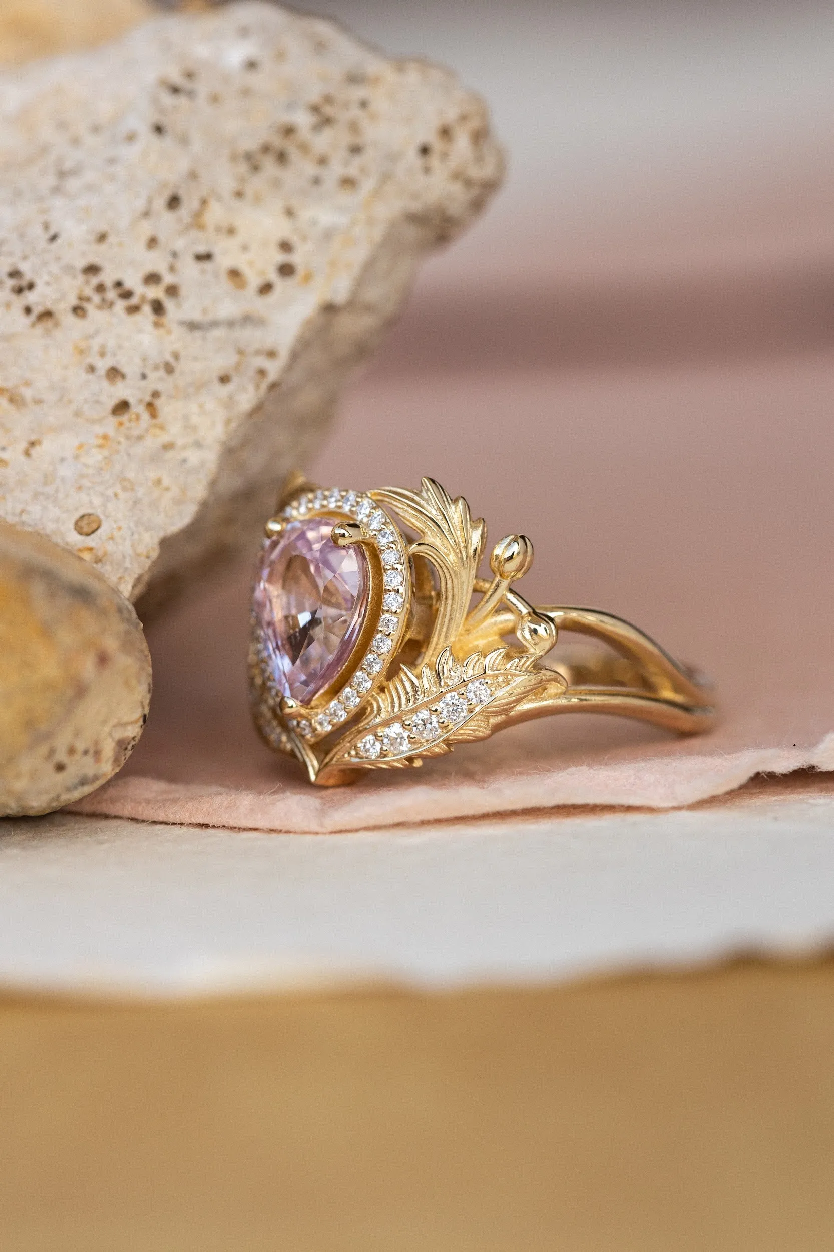 Pear pink sapphire engagement ring, gold nature inspired ring with diamond halo / Adonis halo