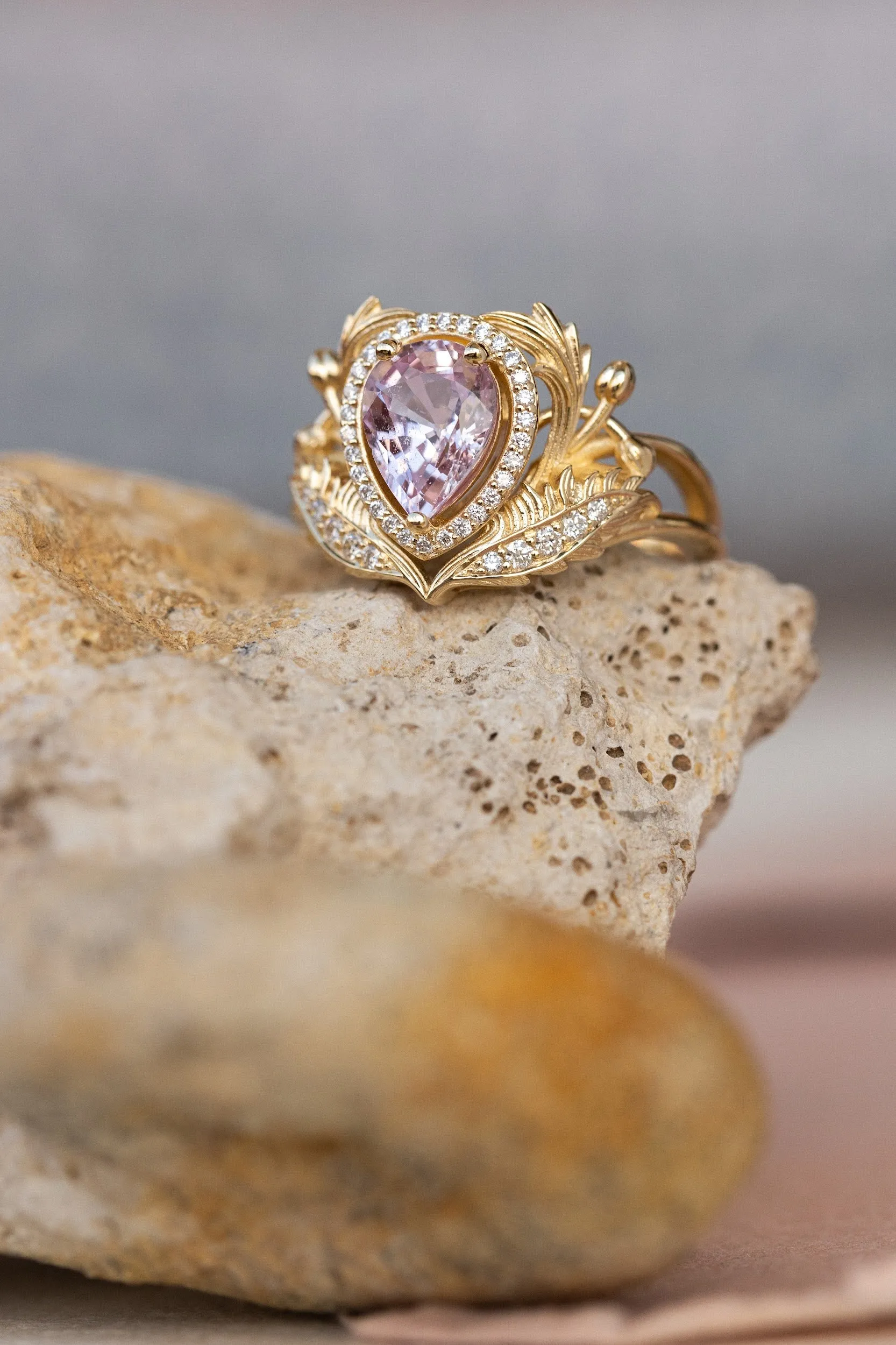 Pear pink sapphire engagement ring, gold nature inspired ring with diamond halo / Adonis halo