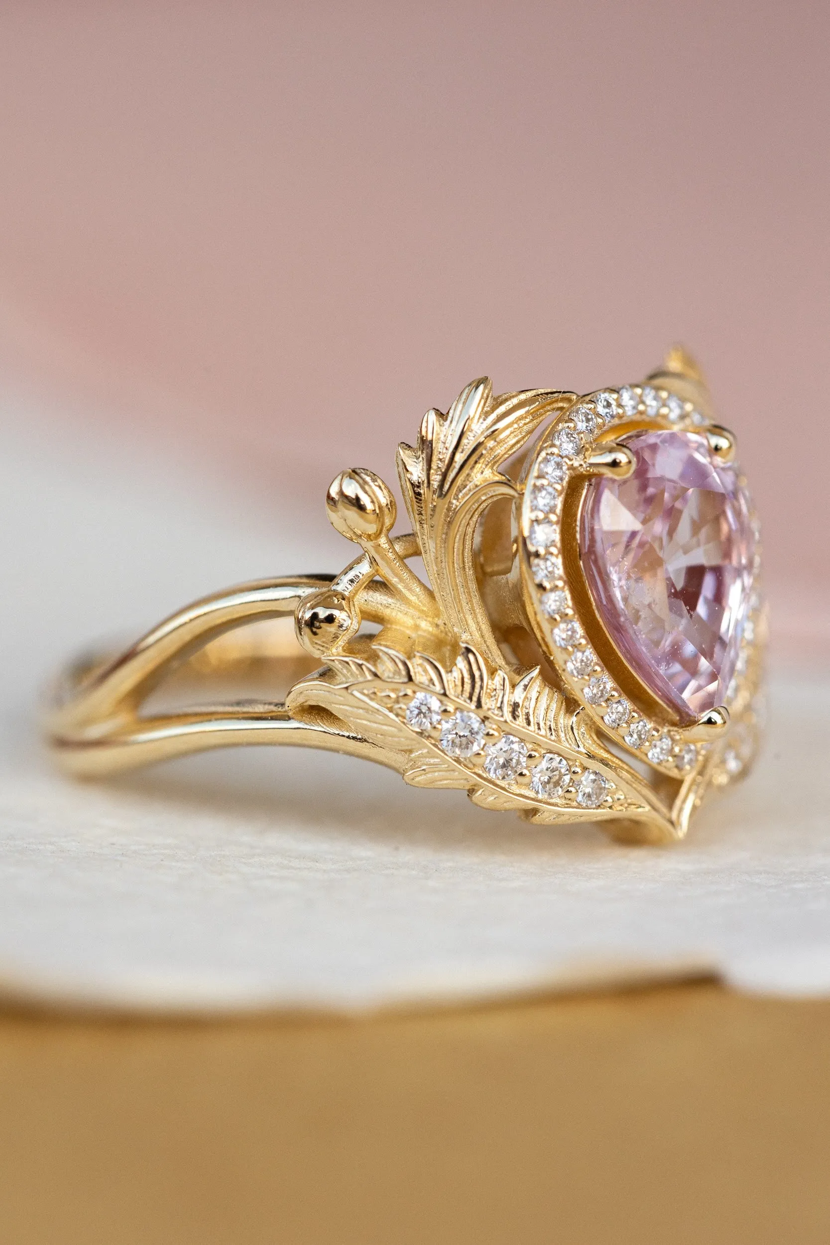 Pear pink sapphire engagement ring, gold nature inspired ring with diamond halo / Adonis halo