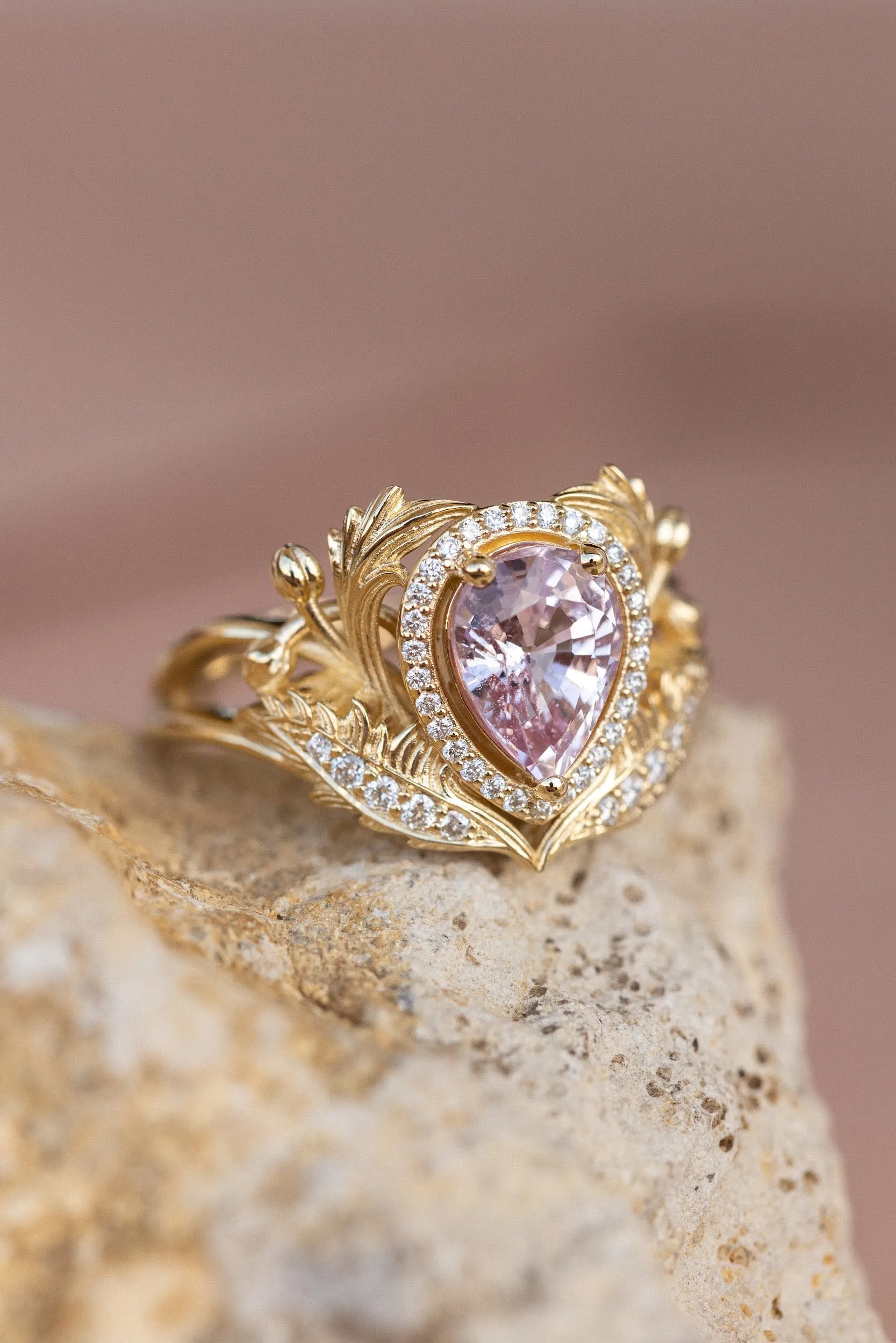 Pear pink sapphire engagement ring, gold nature inspired ring with diamond halo / Adonis halo