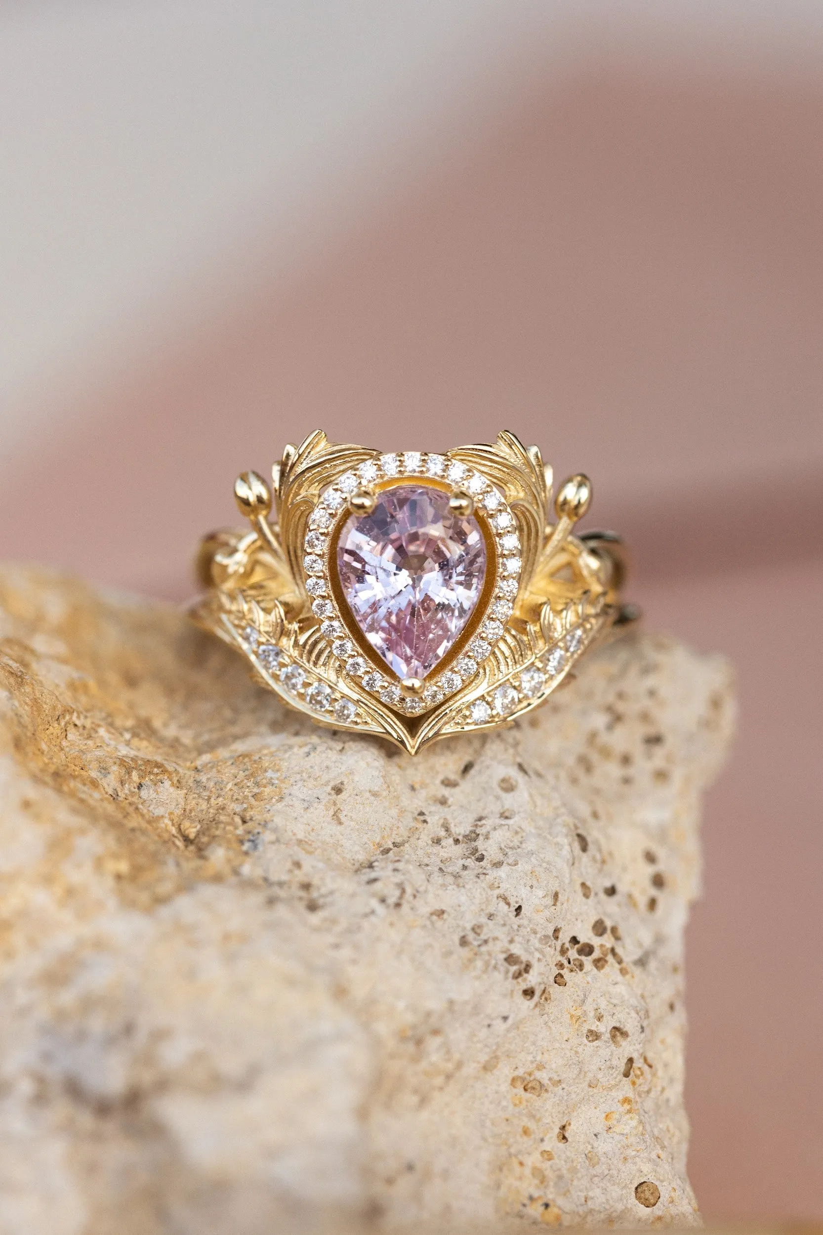 Pear pink sapphire engagement ring, gold nature inspired ring with diamond halo / Adonis halo