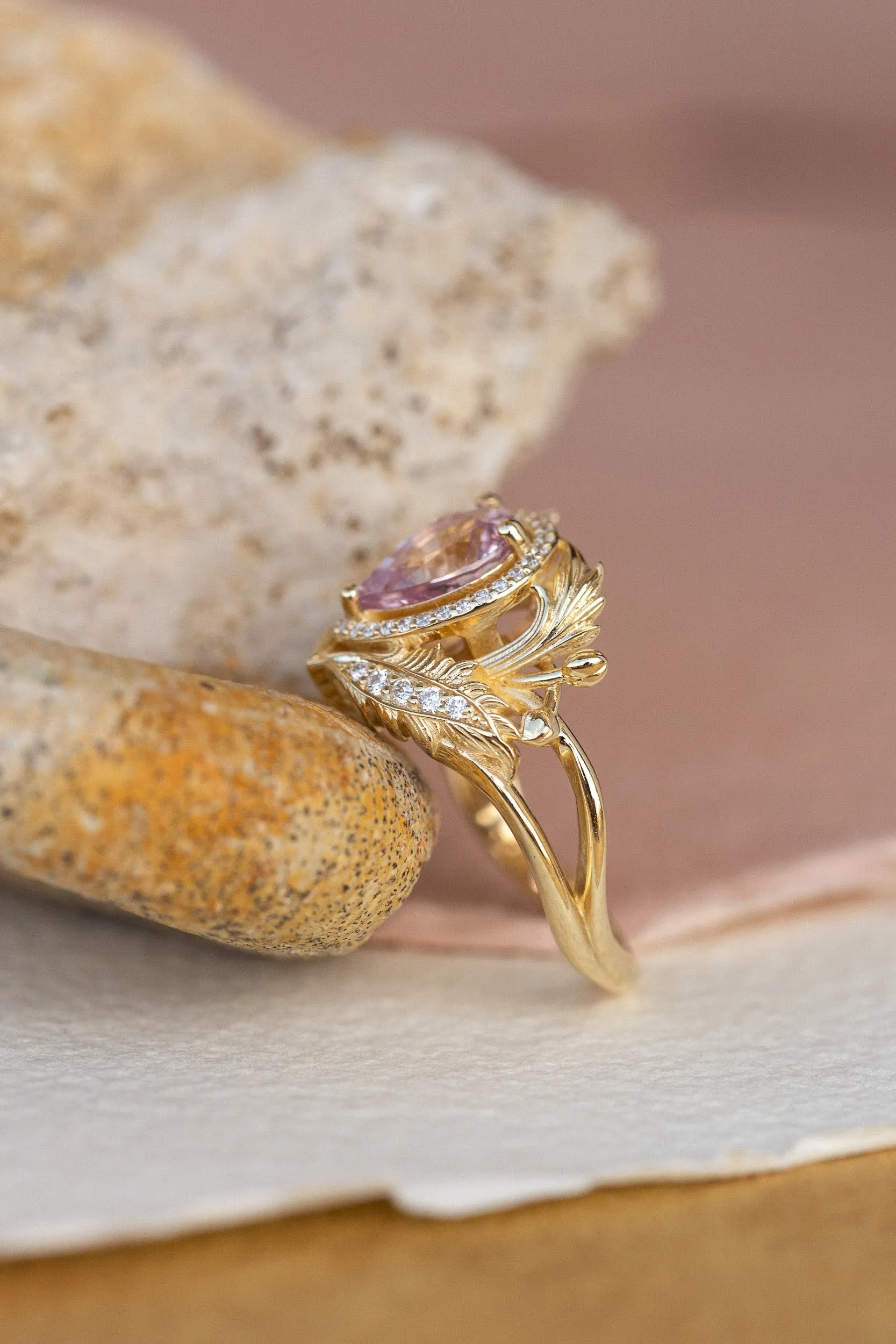 Pear pink sapphire engagement ring, gold nature inspired ring with diamond halo / Adonis halo