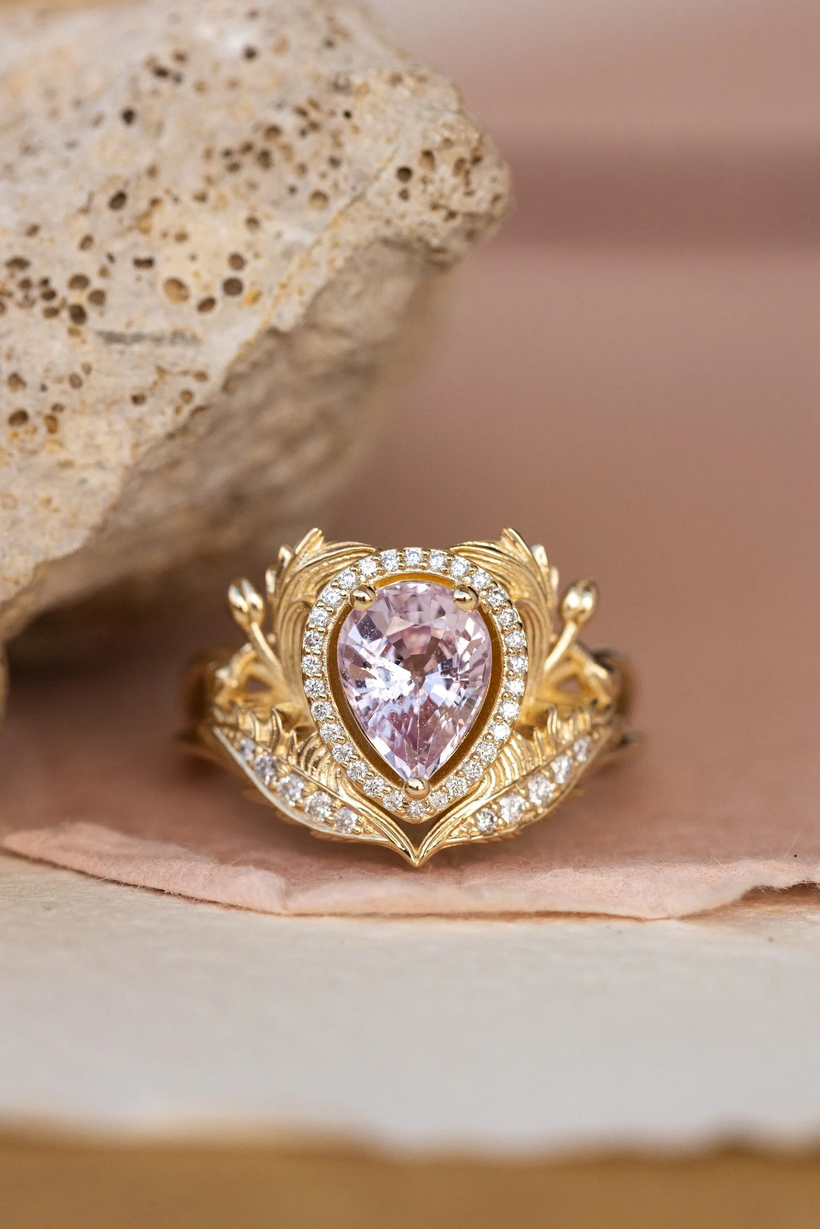 Pear pink sapphire engagement ring, gold nature inspired ring with diamond halo / Adonis halo