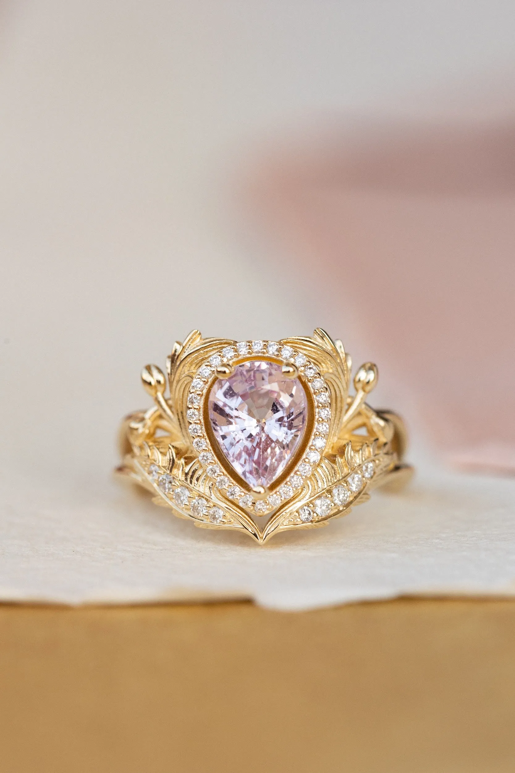 Pear pink sapphire engagement ring, gold nature inspired ring with diamond halo / Adonis halo