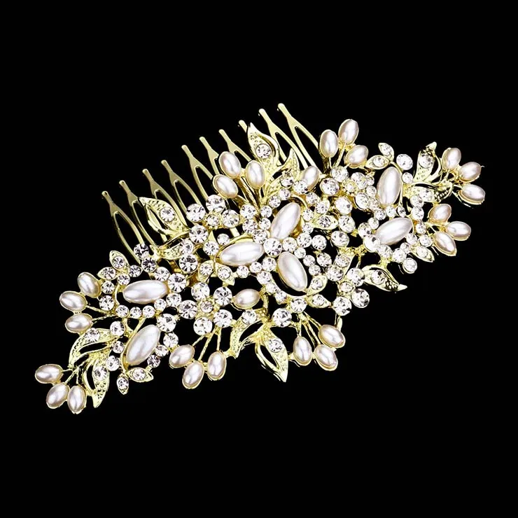 Pearl Flower Shape Stone Embellished Hair Comb