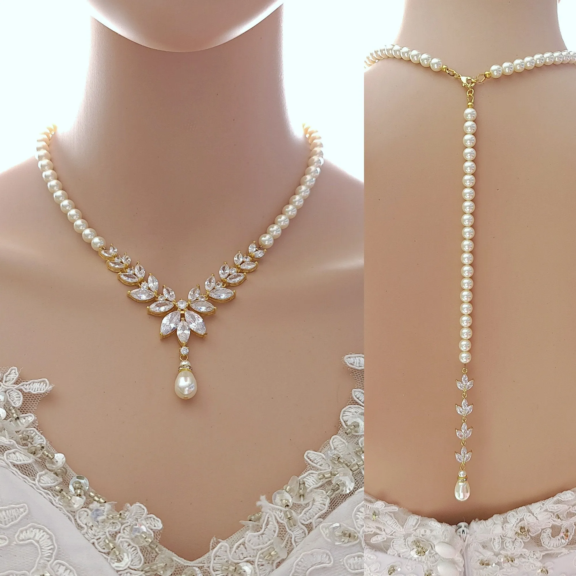 Pearl Necklace and Earrings Wedding Jewelry Set- Katie