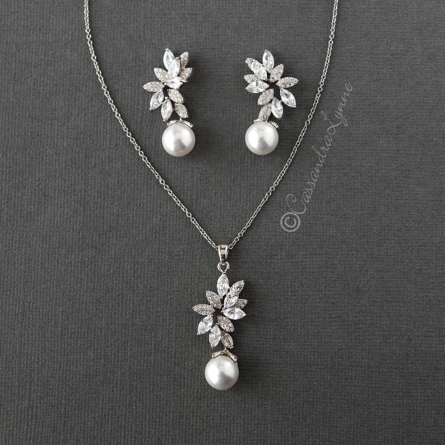 Pearl Pendant Necklace and Earrings Set with CZ Jewels