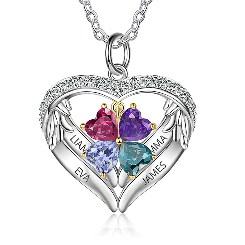 Personalized Sterling Silver Birthstone Name Heart Shaped Pendant Necklace for Her Mother Necklace