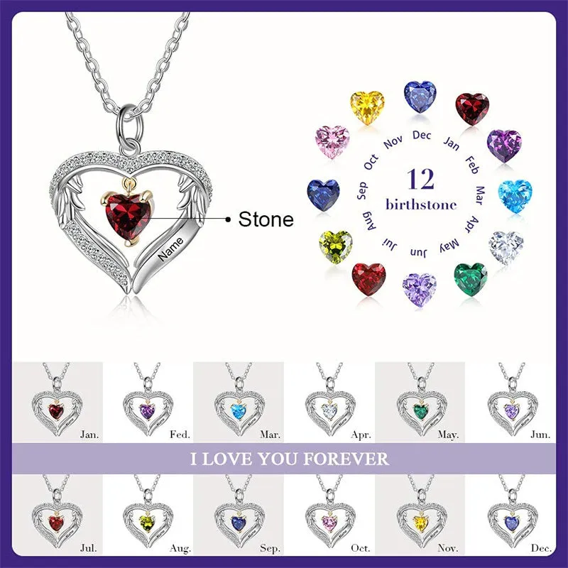 Personalized Sterling Silver Birthstone Name Heart Shaped Pendant Necklace for Her Mother Necklace