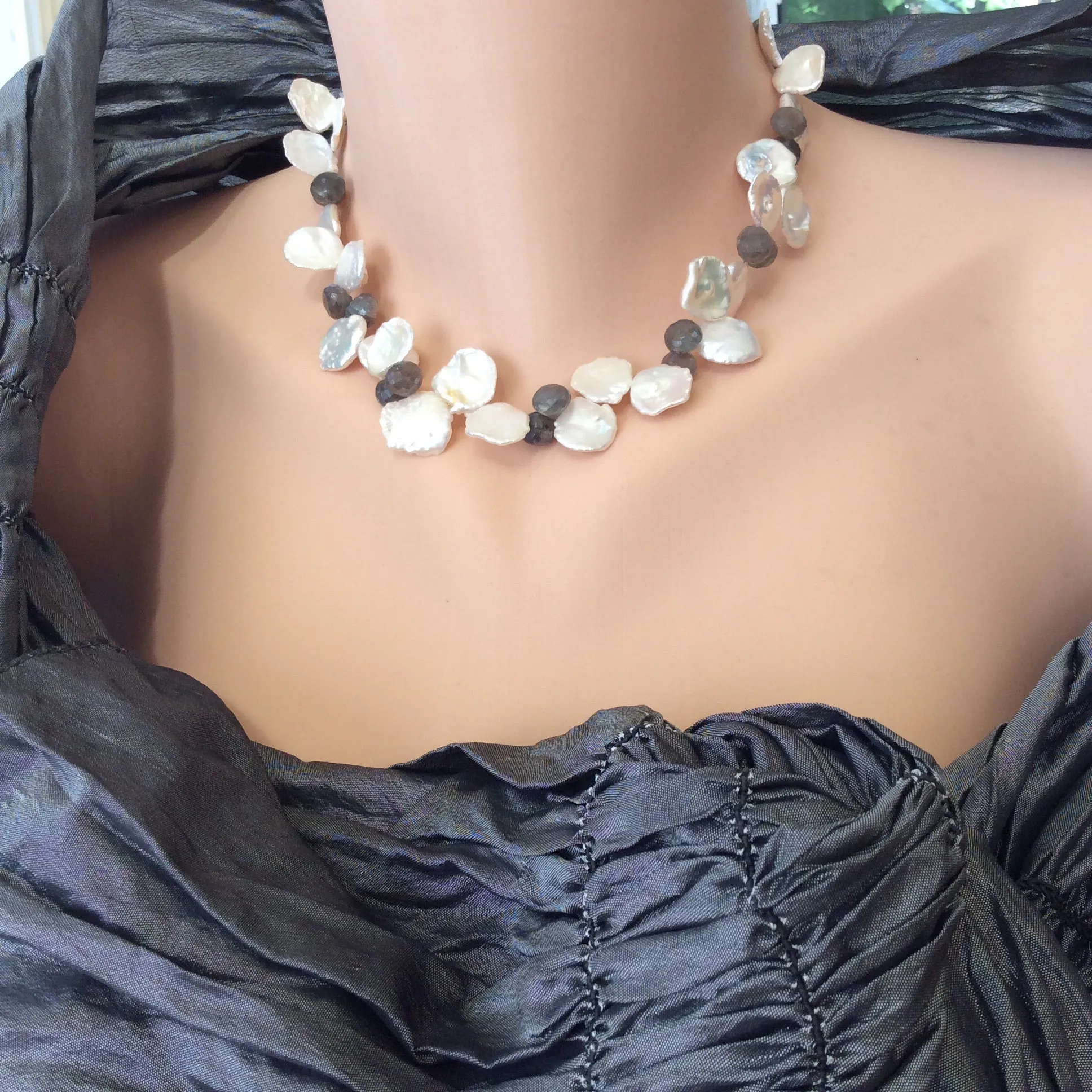 Petal Pearls Necklace with Labradorite Choker, 16in, Silver Details