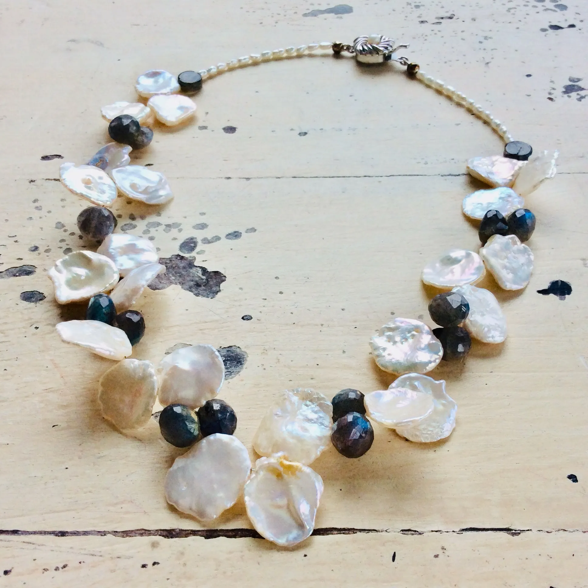 Petal Pearls Necklace with Labradorite Choker, 16in, Silver Details