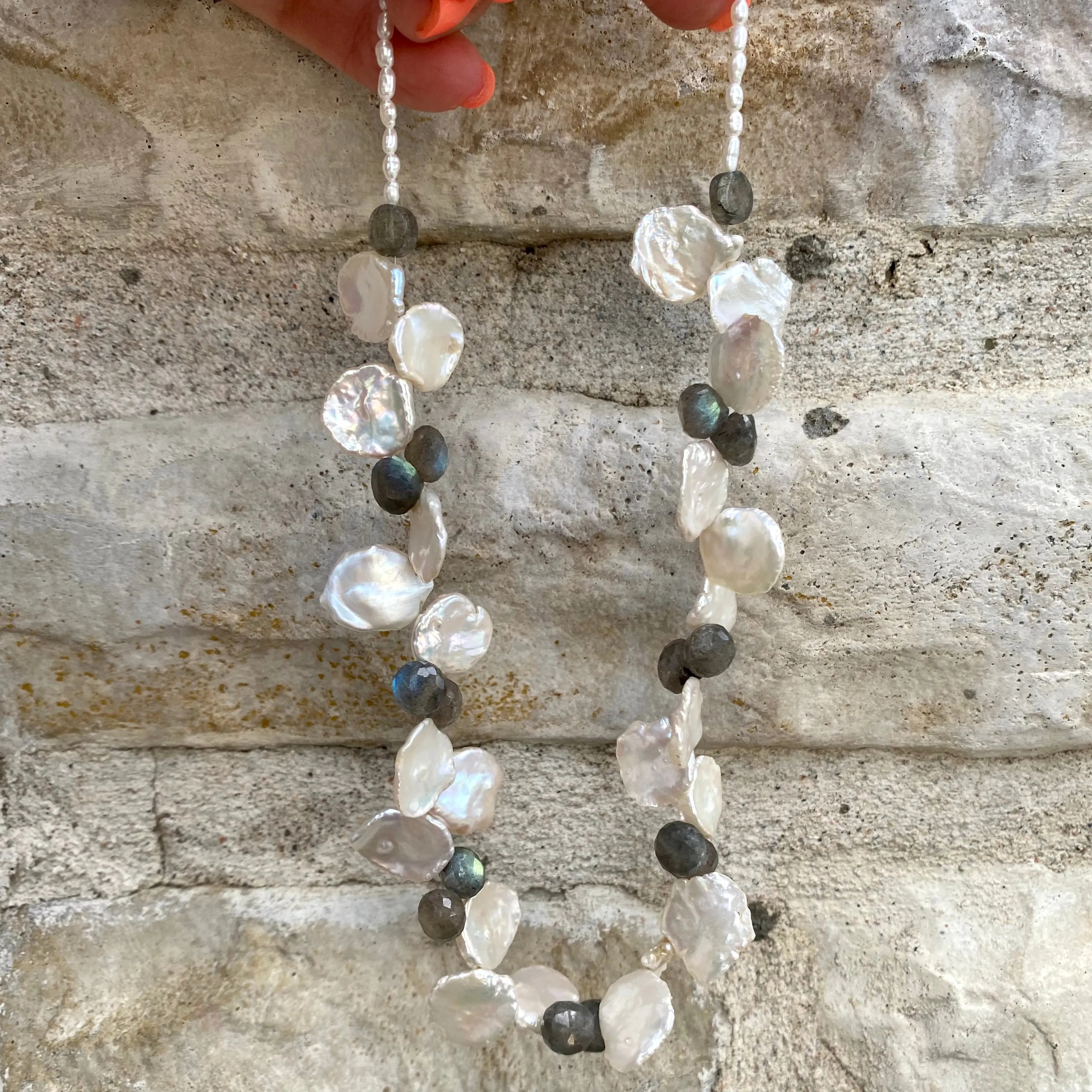 Petal Pearls Necklace with Labradorite Choker, 16in, Silver Details