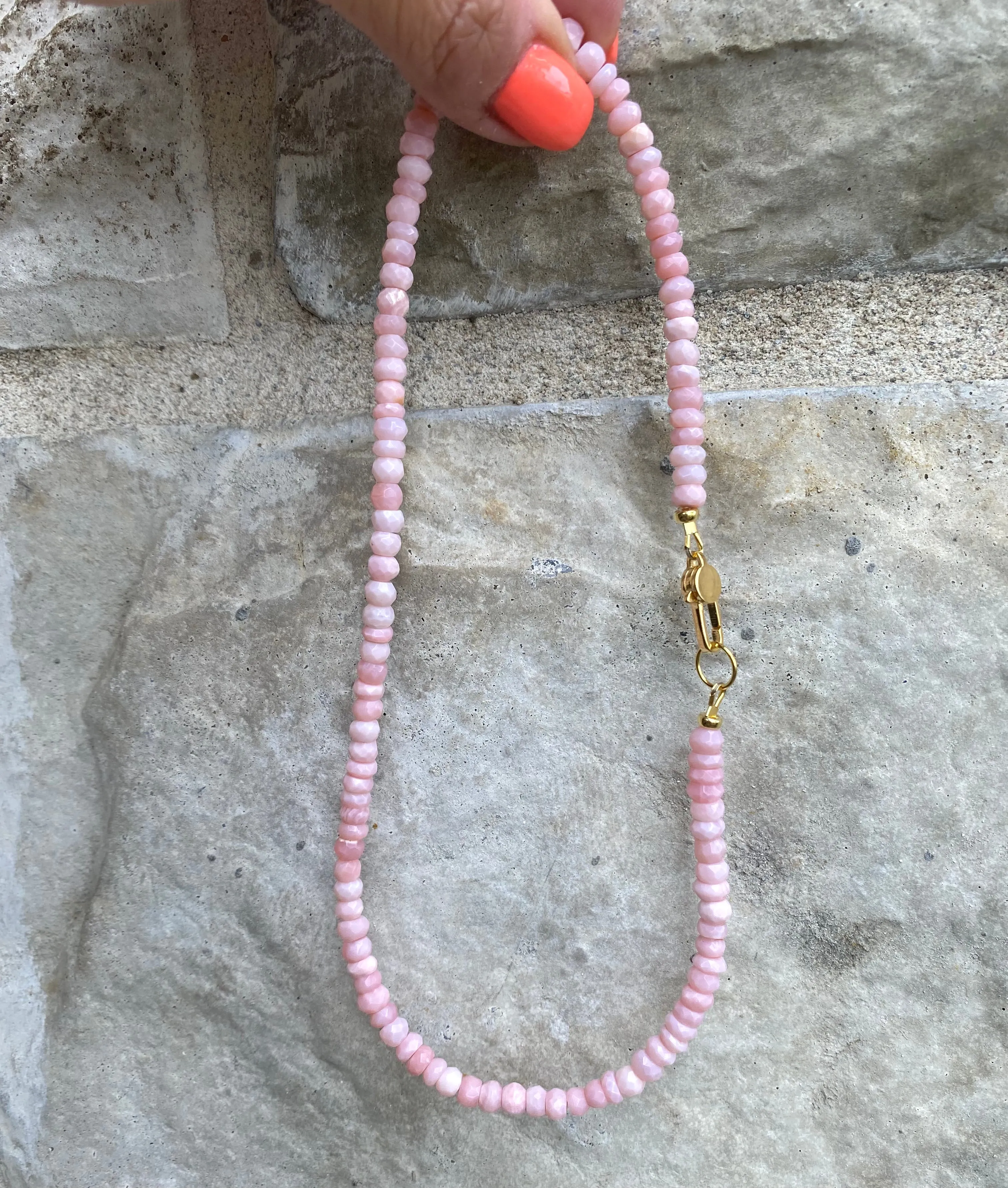 Pink Opal Short Necklace, 15-17inches, Gold Vermeil Plated Sterling Silver Lobster Closure